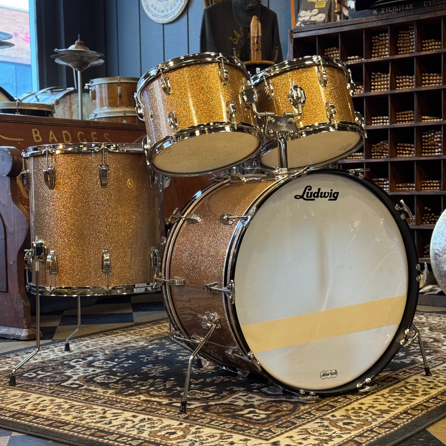 VINTAGE 1966 Ludwig Hollywood Outfit in Champagne Sparkle w/ Lm400 Snare Drum - 14x22, 8x12, 8x12, 16x16, 5x14