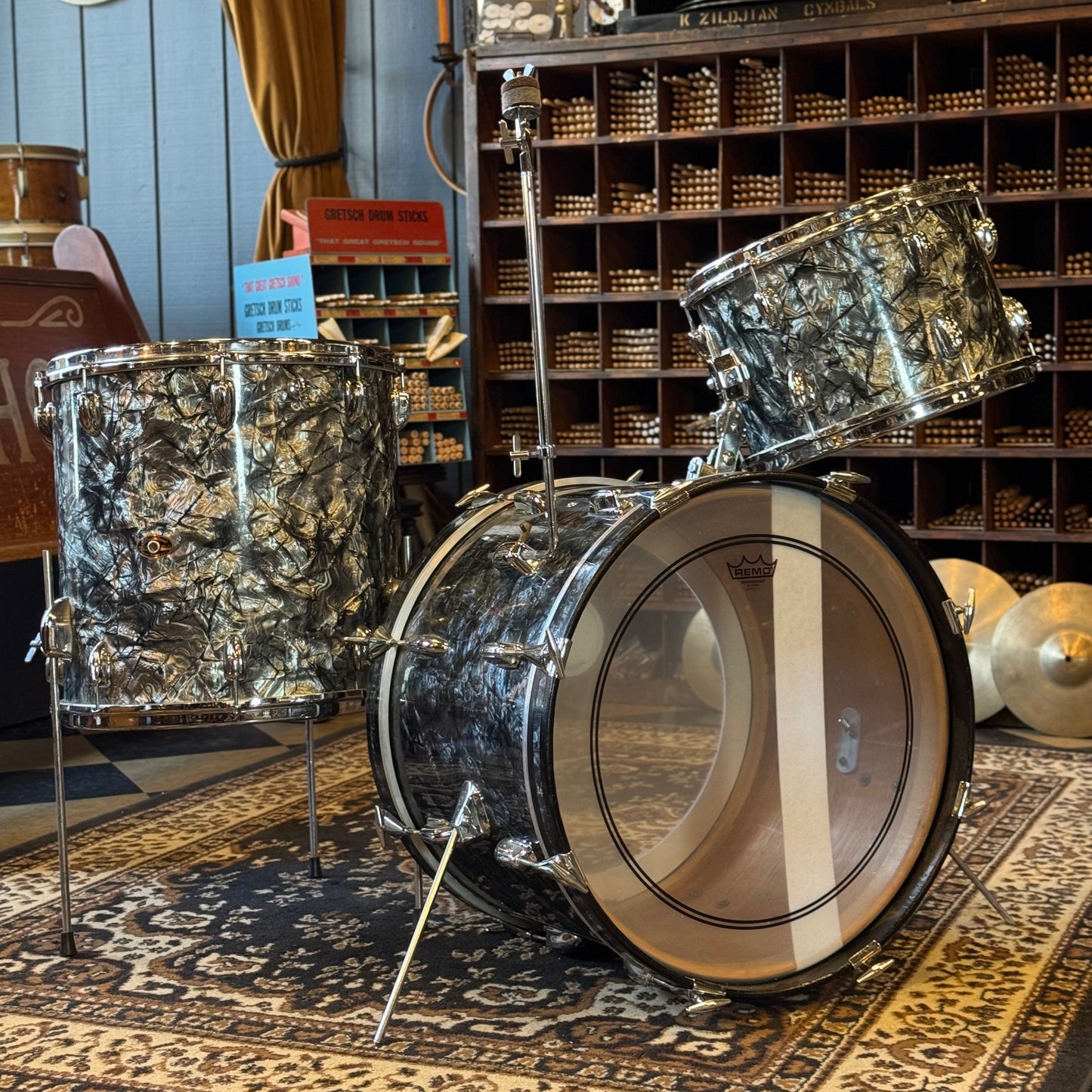 VINTAGE 1960's-70's Slingerland Mixed Era Drum Set in Black Diamond Pearl - 14x20, 9x13, 16x16