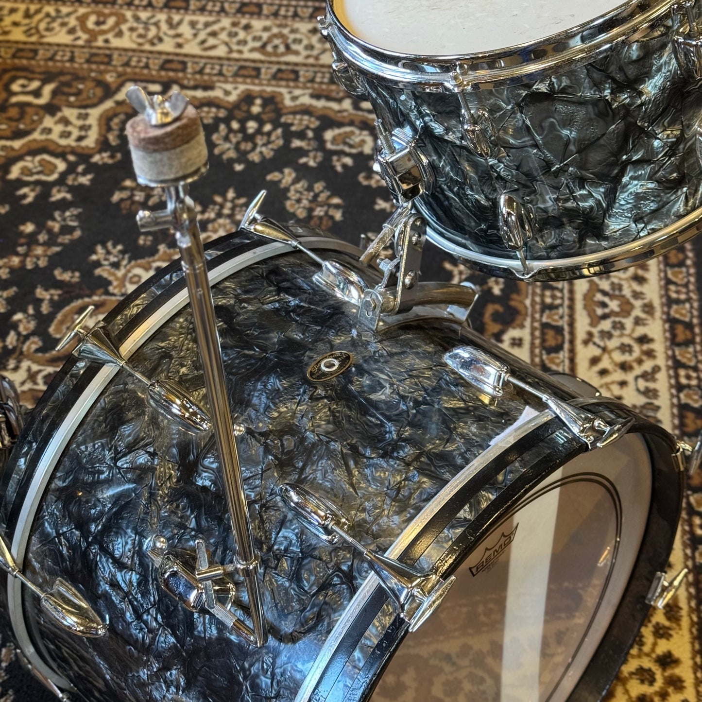 VINTAGE 1960's-70's Slingerland Mixed Era Drum Set in Black Diamond Pearl - 14x20, 9x13, 16x16
