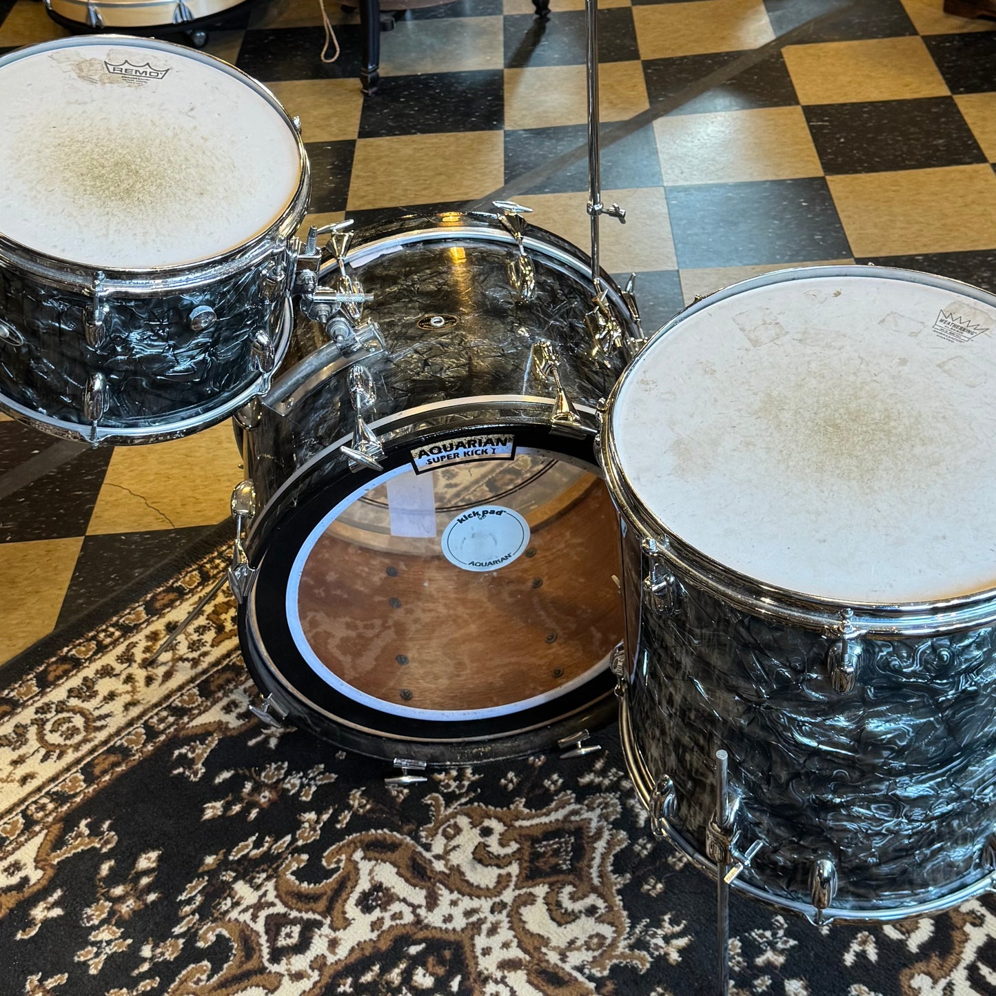 VINTAGE 1960's-70's Slingerland Mixed Era Drum Set in Black Diamond Pearl - 14x20, 9x13, 16x16