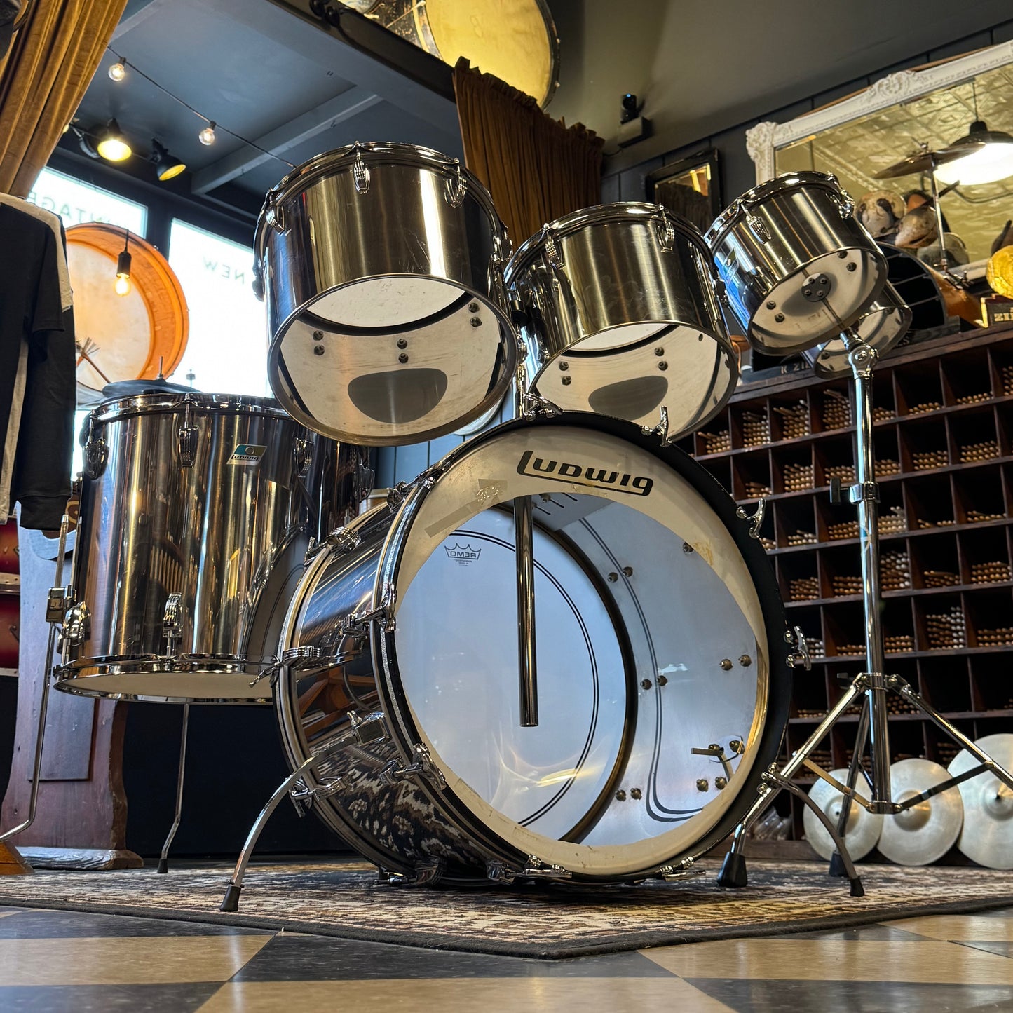 VINTAGE Ludwig 1970's Stainless Steel Concert Tom Set - 14x22, 5.5x8, 6.5x10, 9x13, 10x14, 16x18