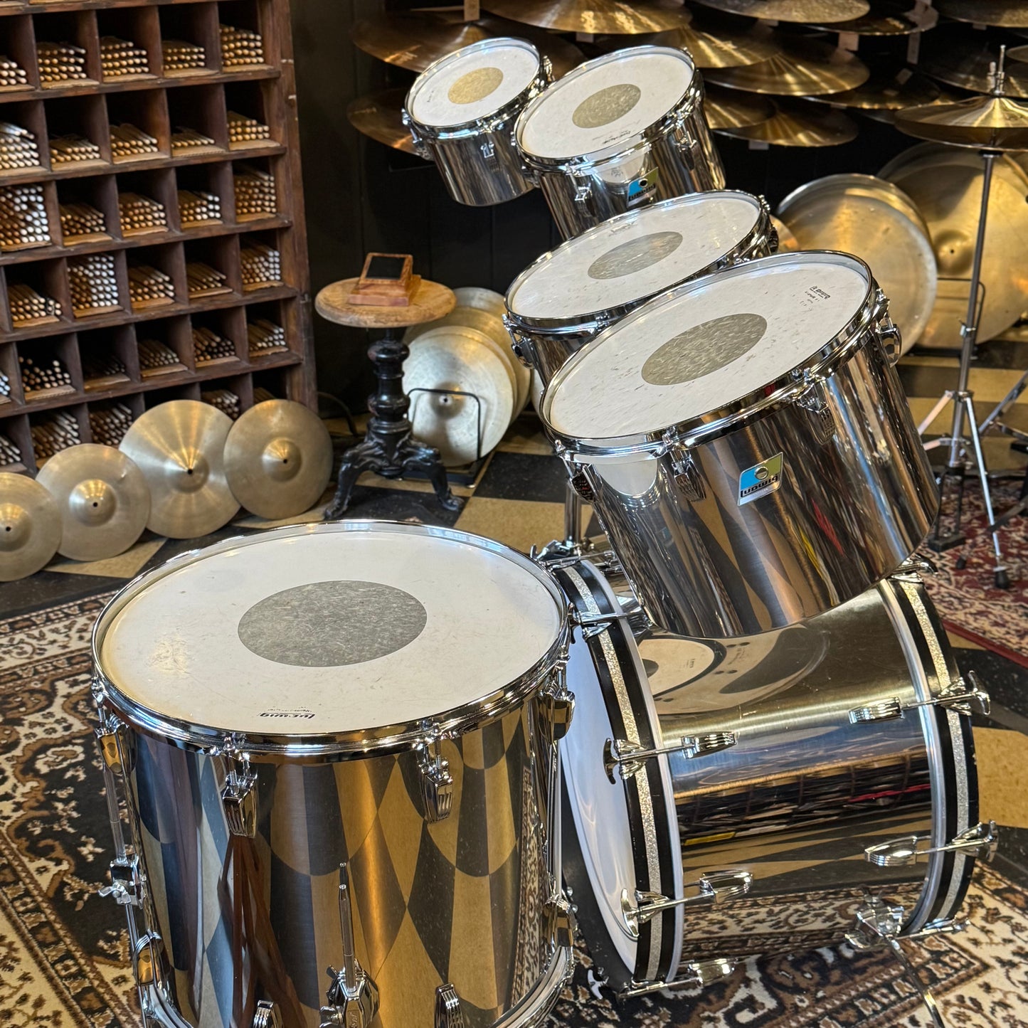 VINTAGE Ludwig 1970's Stainless Steel Concert Tom Set - 14x22, 5.5x8, 6.5x10, 9x13, 10x14, 16x18