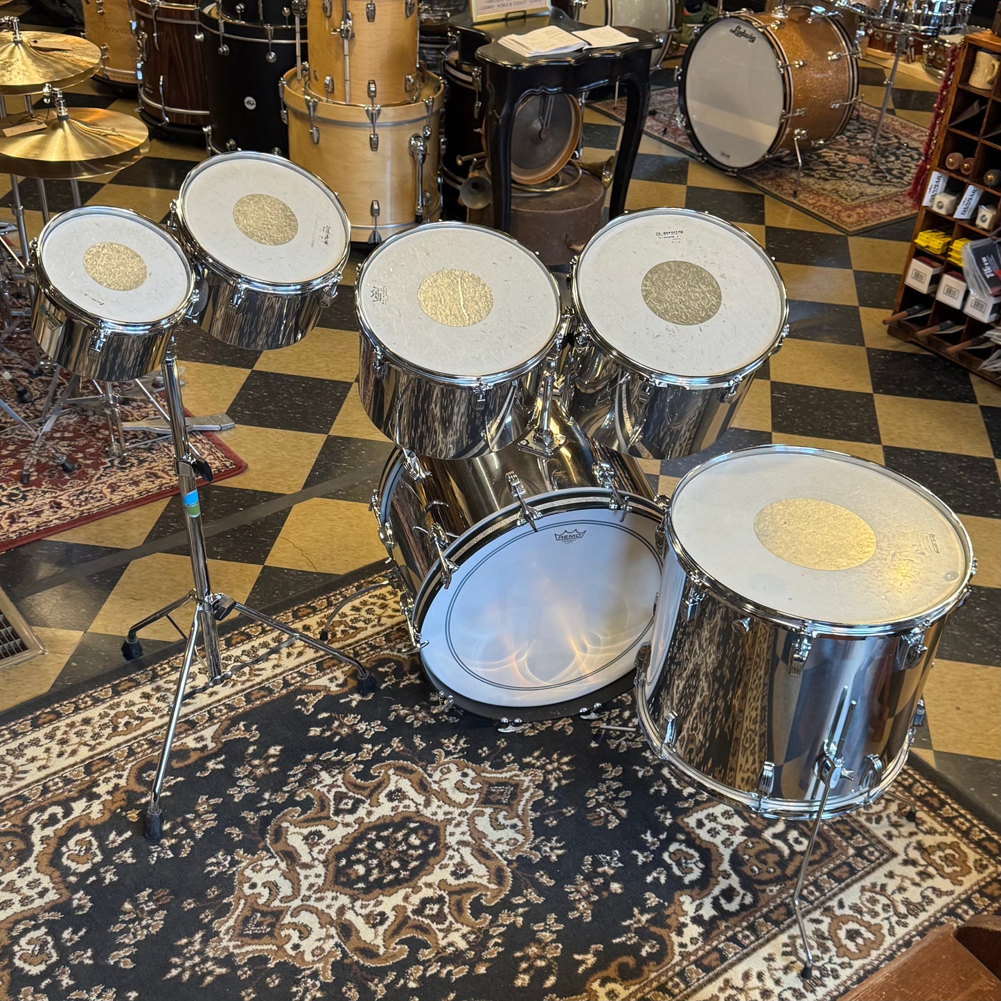 VINTAGE Ludwig 1970's Stainless Steel Concert Tom Set - 14x22, 5.5x8, 6.5x10, 9x13, 10x14, 16x18