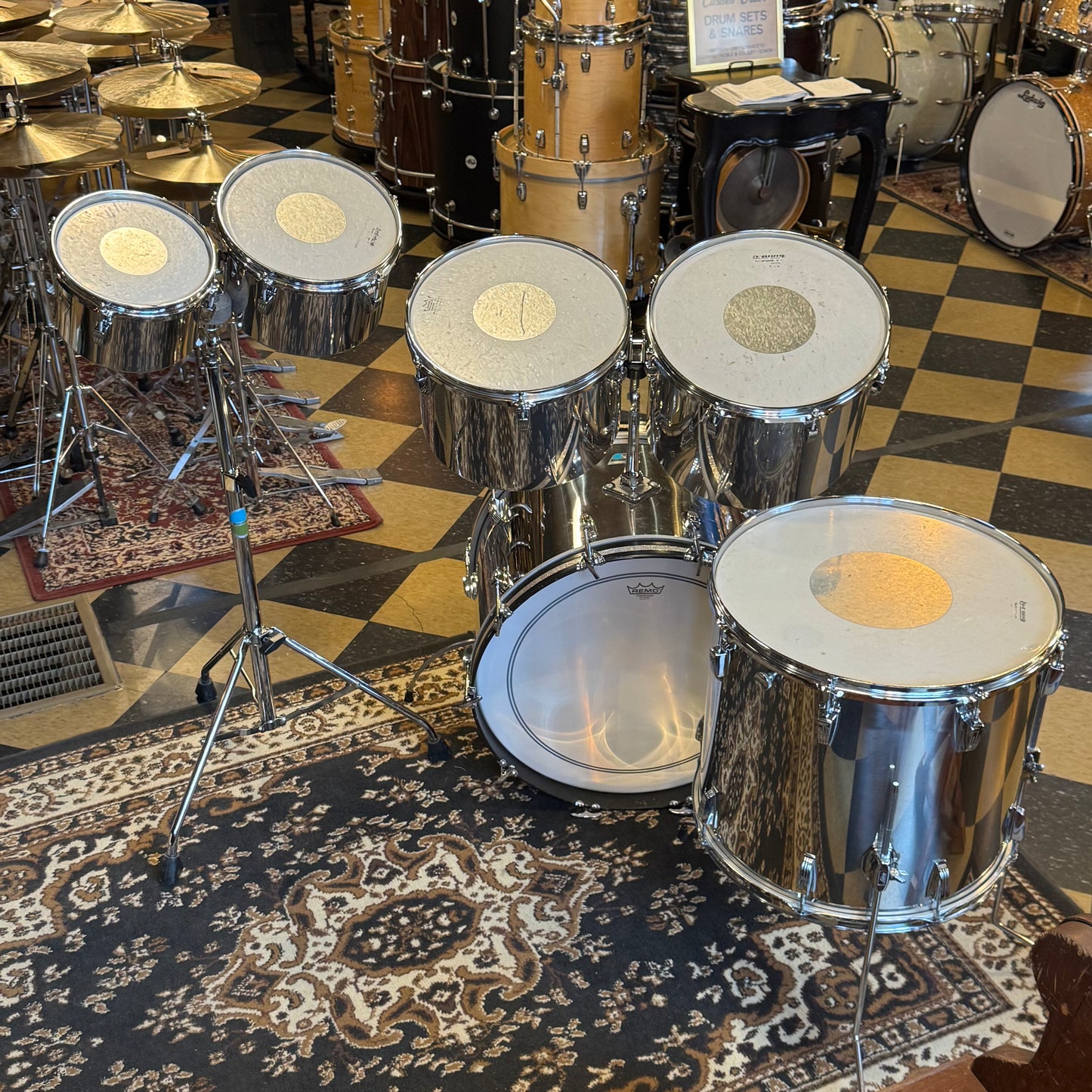 VINTAGE Ludwig 1970's Stainless Steel Concert Tom Set - 14x22, 5.5x8, 6.5x10, 9x13, 10x14, 16x18
