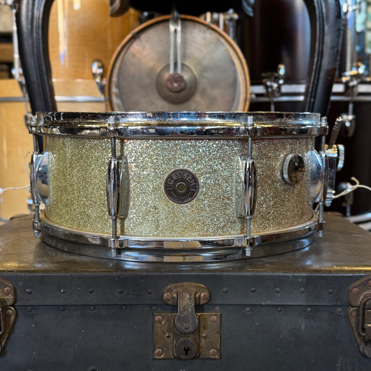 VINTAGE 1954-1957 Gretsch 5.5x14 Round Badge "Name Band" 3ply Snare Drum in Peacock Sparkle