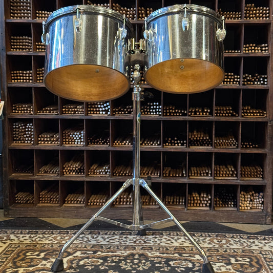 VINTAGE 1970's Ludwig Blue & Olive Badge Chrome over Wood Concert Toms - 12" & 13"