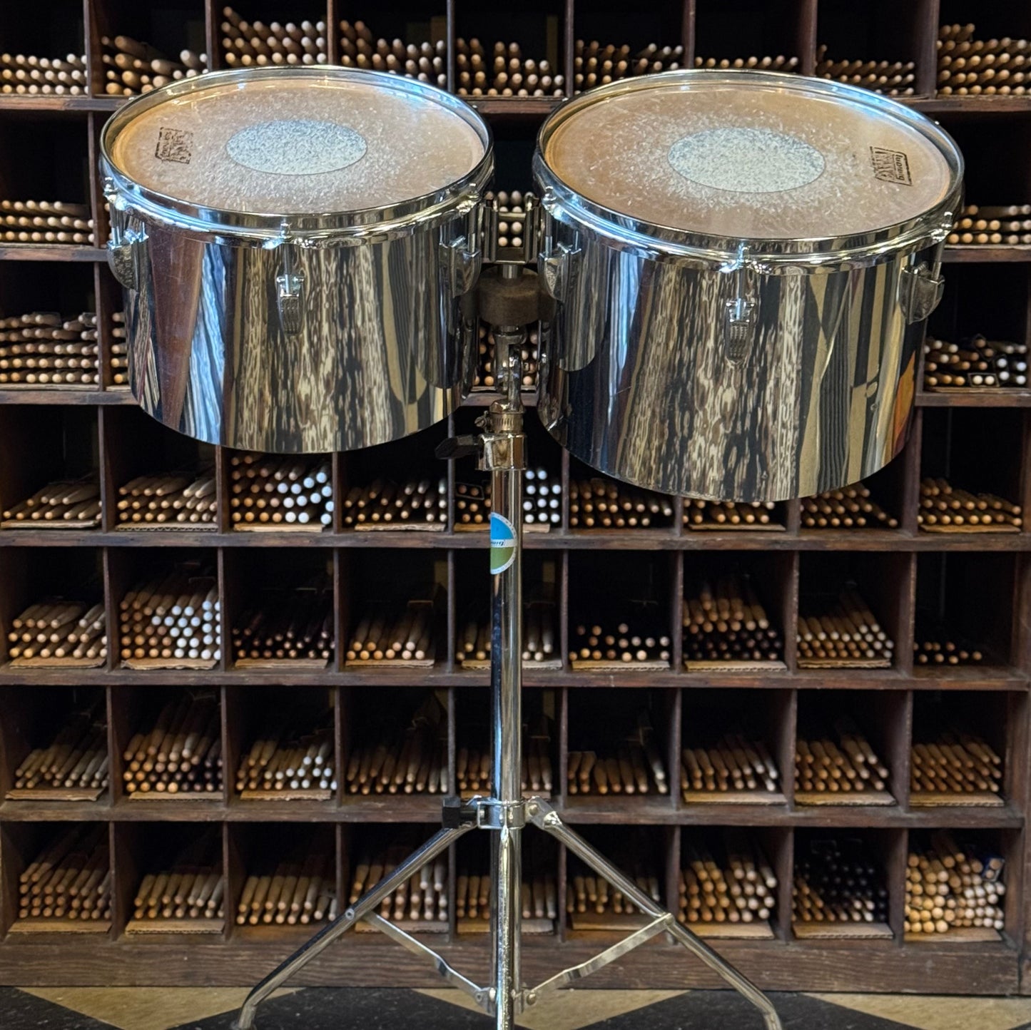 VINTAGE 1970's Ludwig Blue & Olive Badge Chrome over Wood Concert Toms - 12" & 13"