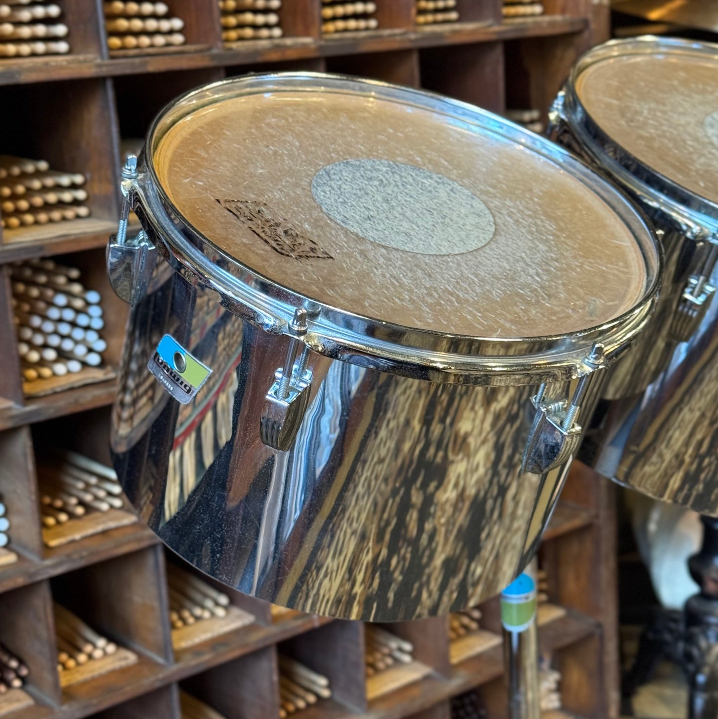 VINTAGE 1970's Ludwig Blue & Olive Badge Chrome over Wood Concert Toms - 12" & 13"