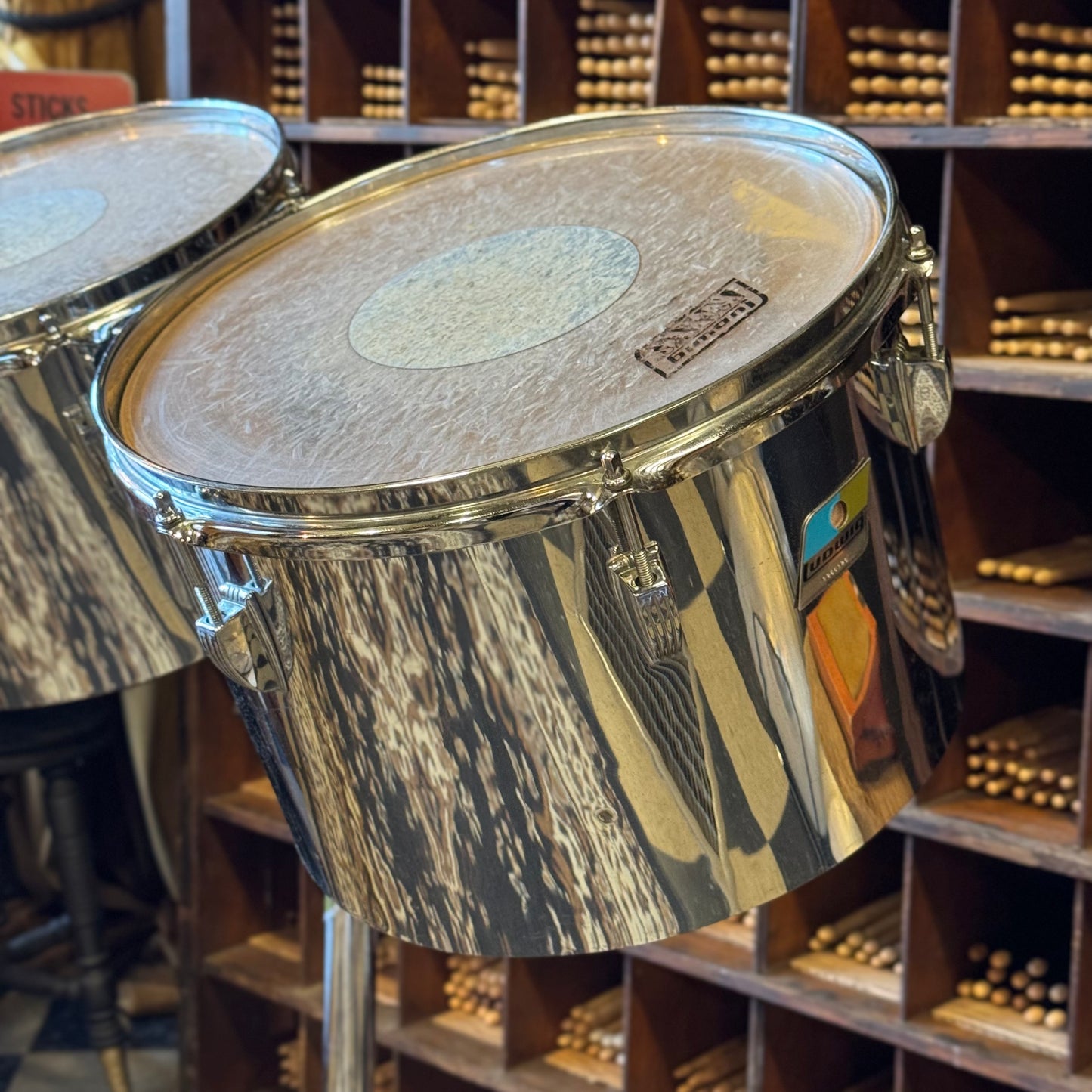 VINTAGE 1970's Ludwig Blue & Olive Badge Chrome over Wood Concert Toms - 12" & 13"