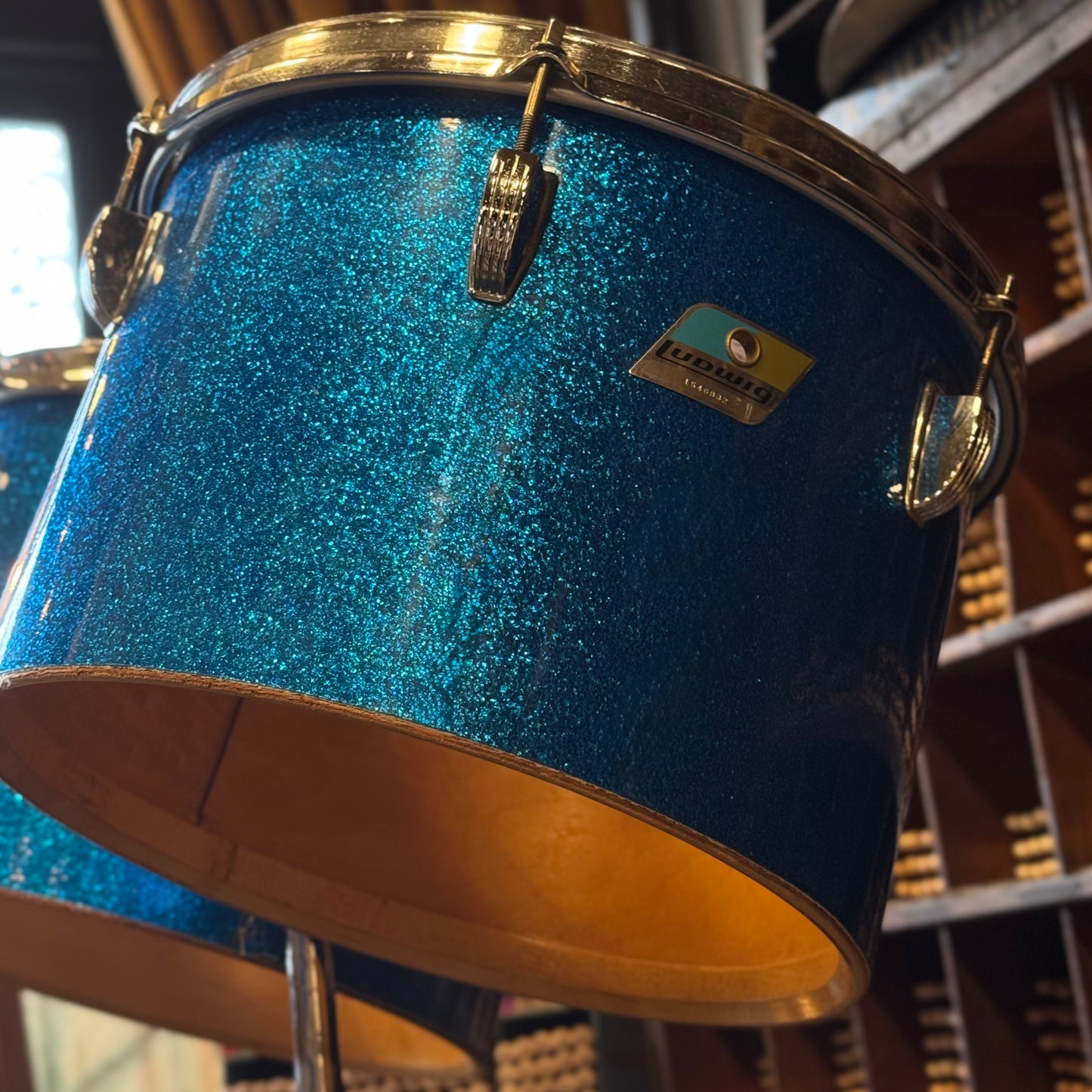 VINTAGE 1970's Ludwig Blue & Olive Badge Concert Toms in Blue Sparkle - 9x13 & 10x14