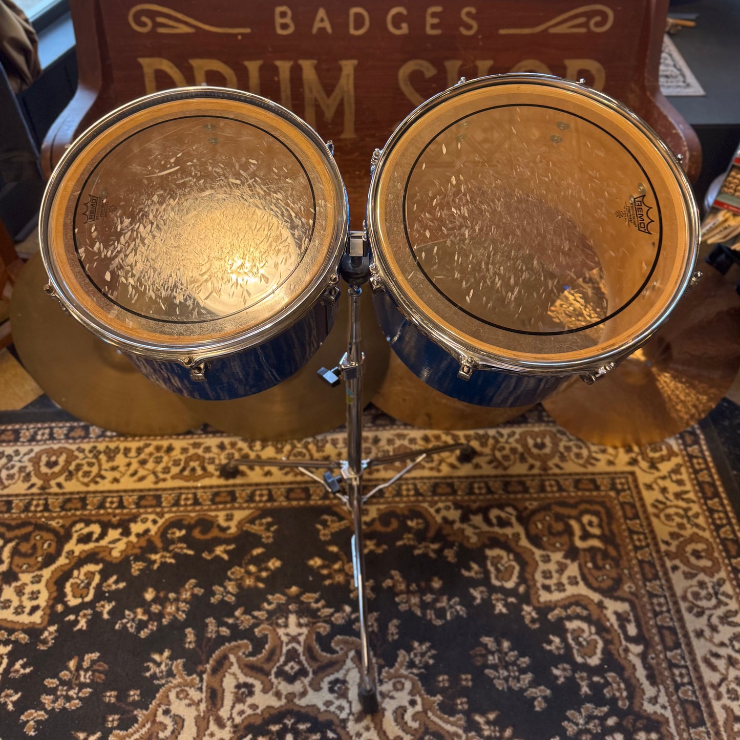 VINTAGE 1970's Ludwig Blue & Olive Badge Concert Toms in Blue Sparkle - 9x13 & 10x14