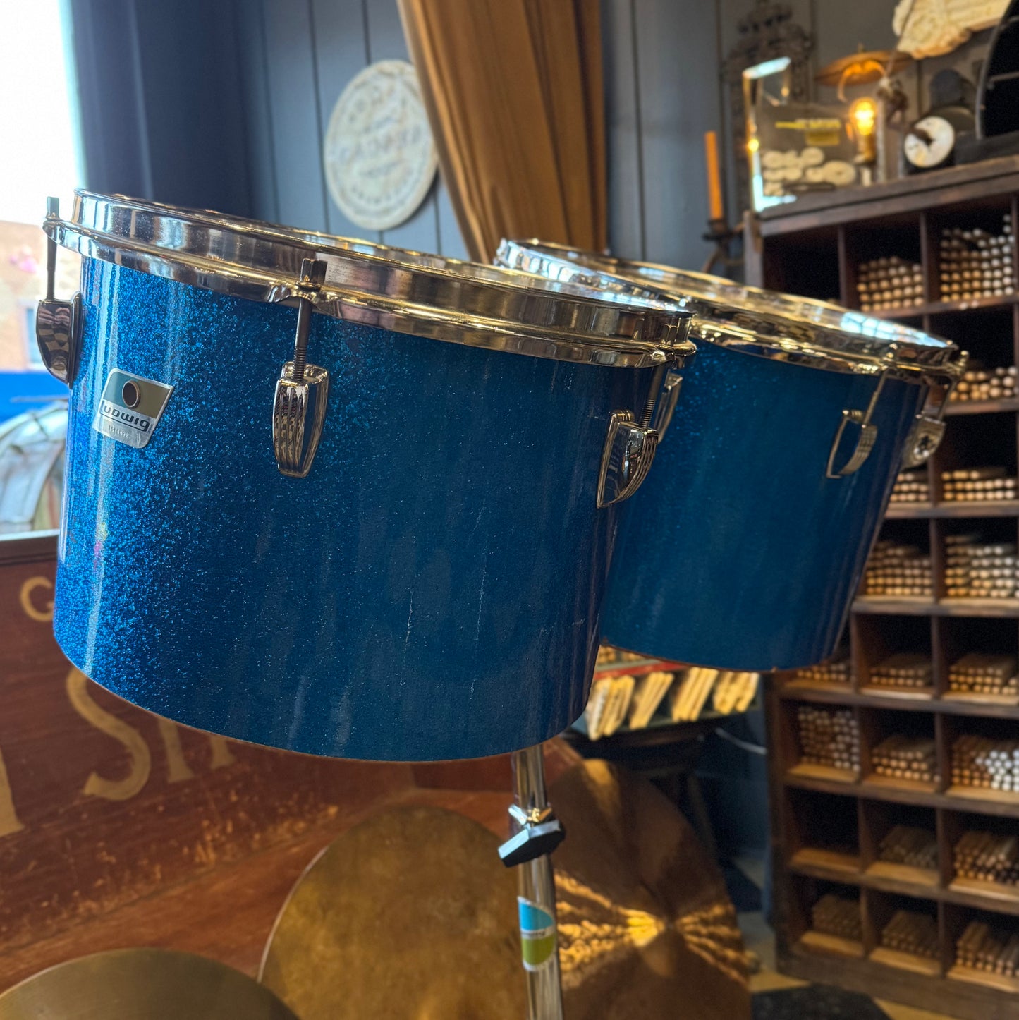 VINTAGE 1970's Ludwig Blue & Olive Badge Concert Toms in Blue Sparkle - 9x13 & 10x14