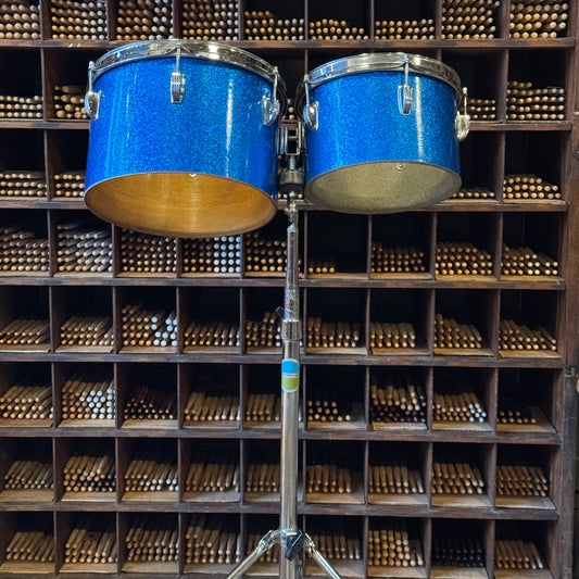 VINTAGE 1970's Ludwig Blue & Olive Badge Concert Toms in Blue Sparkle - 7x10, 8x12
