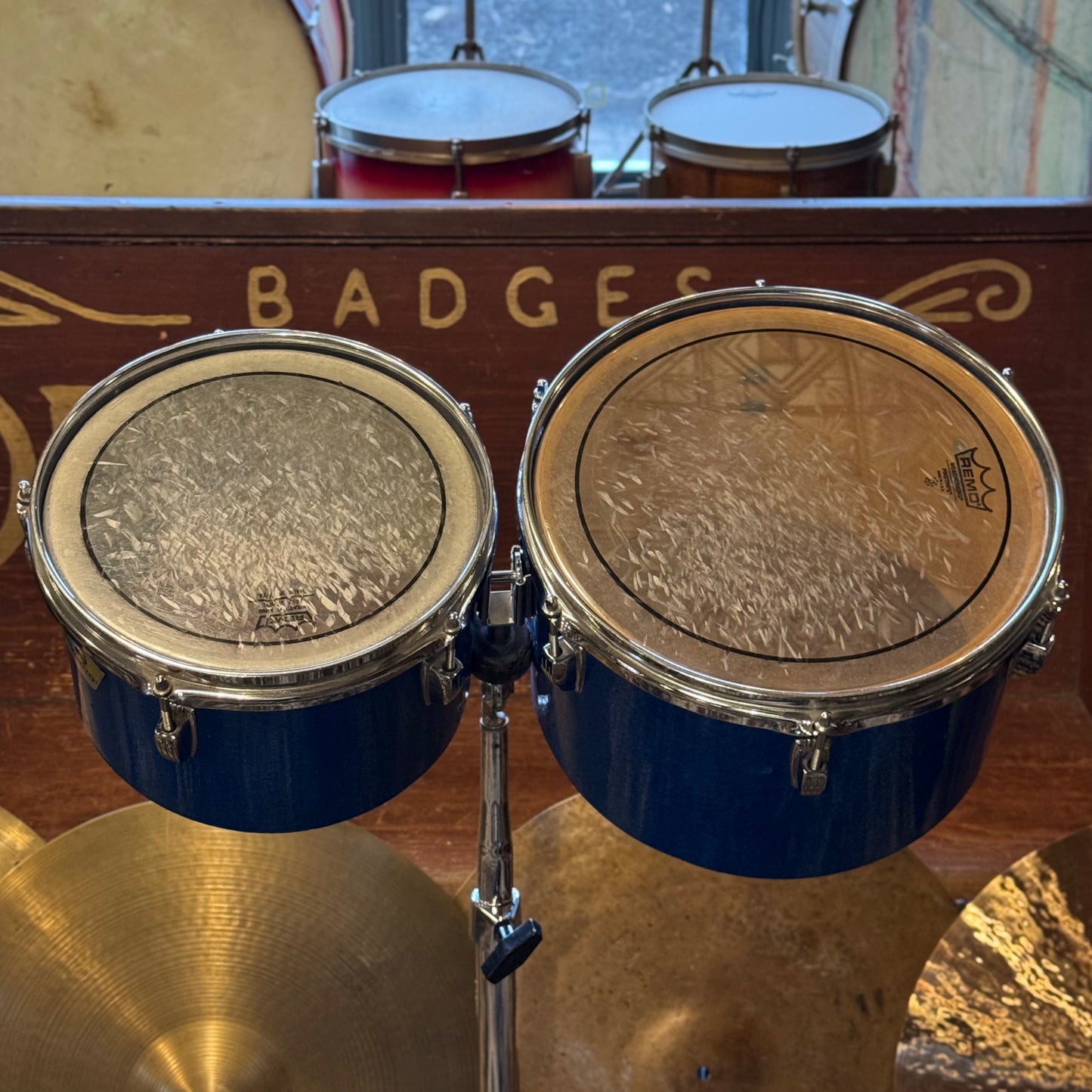 VINTAGE 1970's Ludwig Blue & Olive Badge Concert Toms in Blue Sparkle - 7x10, 8x12