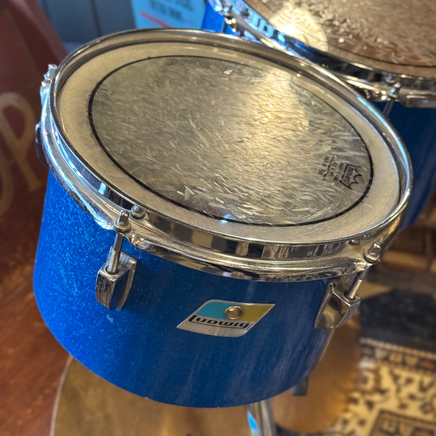 VINTAGE 1970's Ludwig Blue & Olive Badge Concert Toms in Blue Sparkle - 7x10, 8x12
