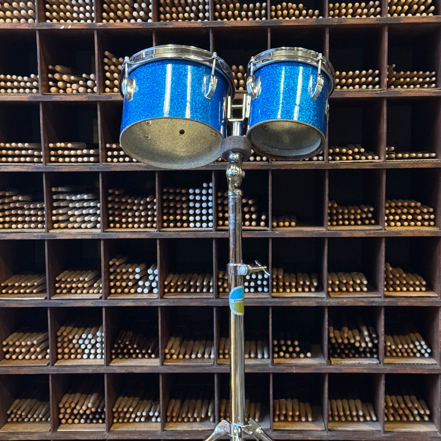 VINTAGE 1970's Ludwig Blue & Olive Badge Concert Toms in Blue Sparkle - 6" & 8"
