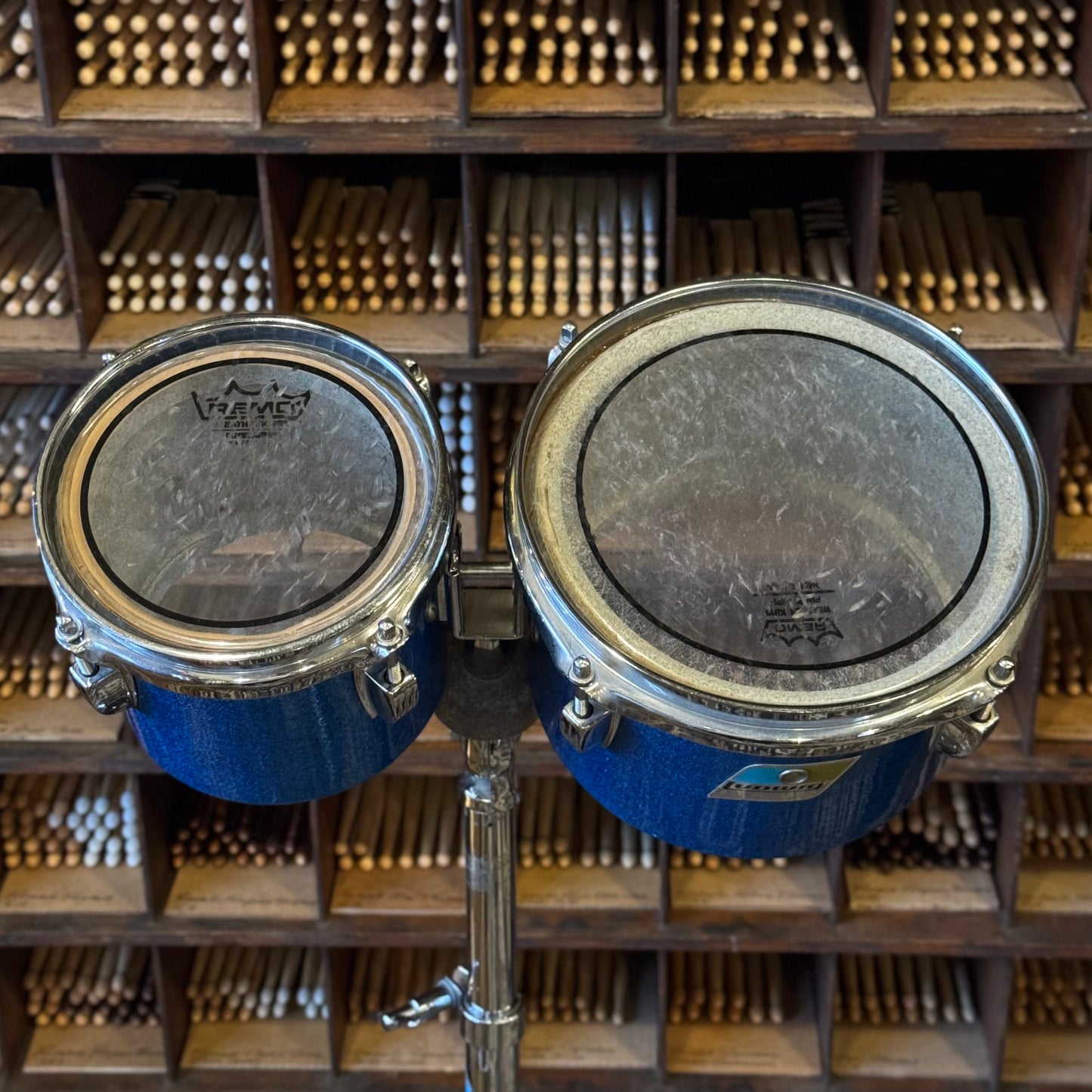 VINTAGE 1970's Ludwig Blue & Olive Badge Concert Toms in Blue Sparkle - 6" & 8"