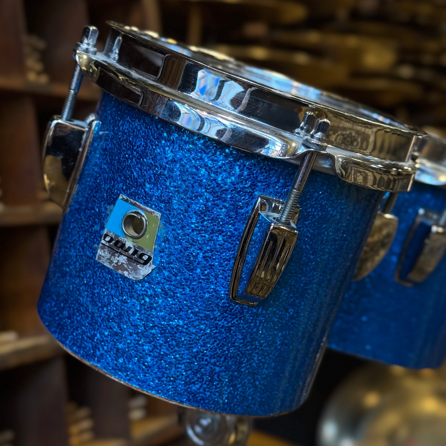VINTAGE 1970's Ludwig Blue & Olive Badge Concert Toms in Blue Sparkle - 6" & 8"