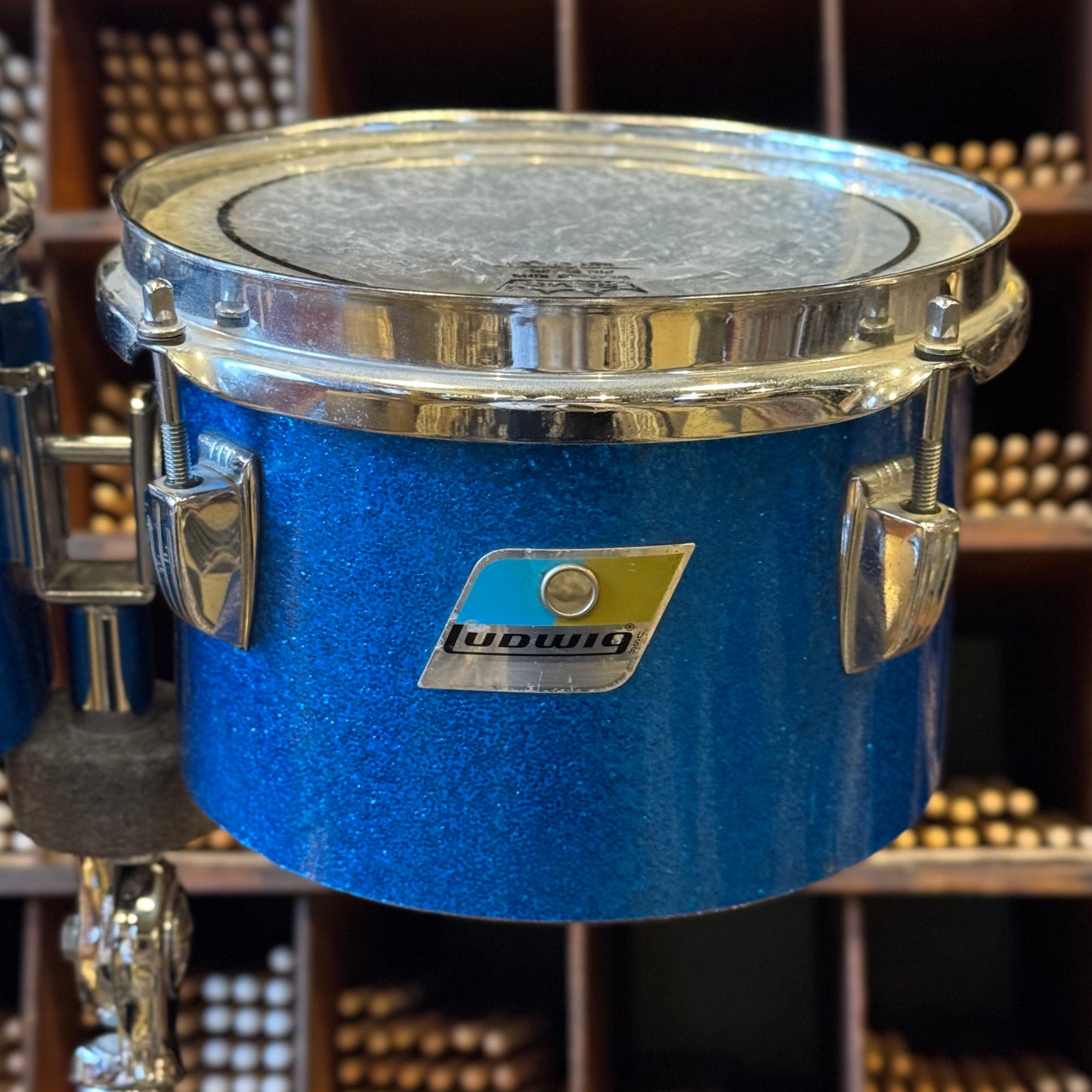 VINTAGE 1970's Ludwig Blue & Olive Badge Concert Toms in Blue Sparkle - 6" & 8"