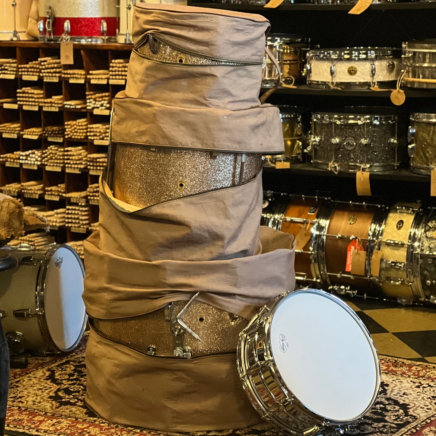 VINTAGE 1964 Ludwig Super Classic Outfit in Champagne Sparkle w/ Matching LM400 Supraphonic and Bags - 14x22, 9x13, 16x16, 5x14