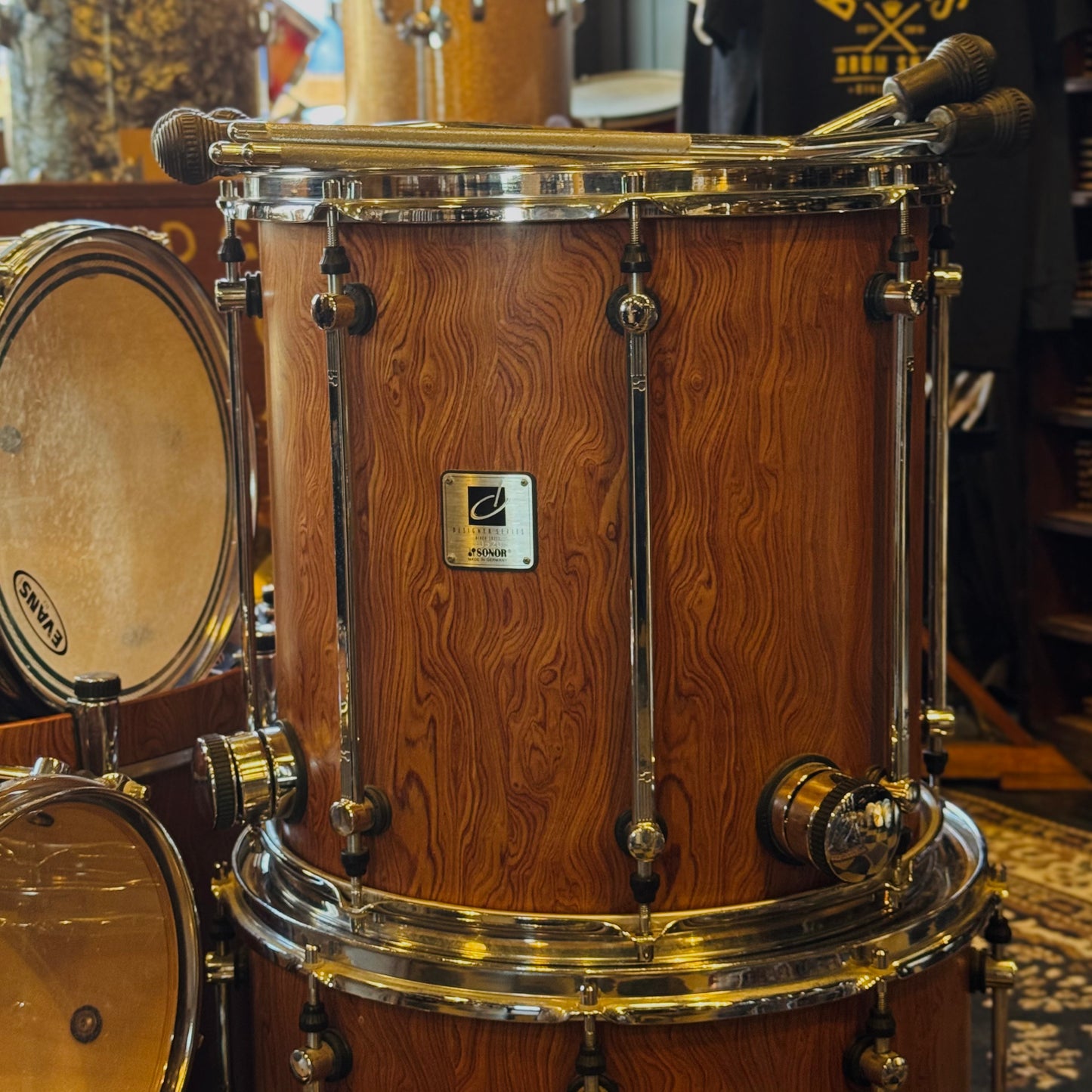 USED 1990's Sonor Designer Series Birch Drum Set in African Bubinga Veneer - 16x22, 8x10, 9x12, 10x13, 16x16, 16x18