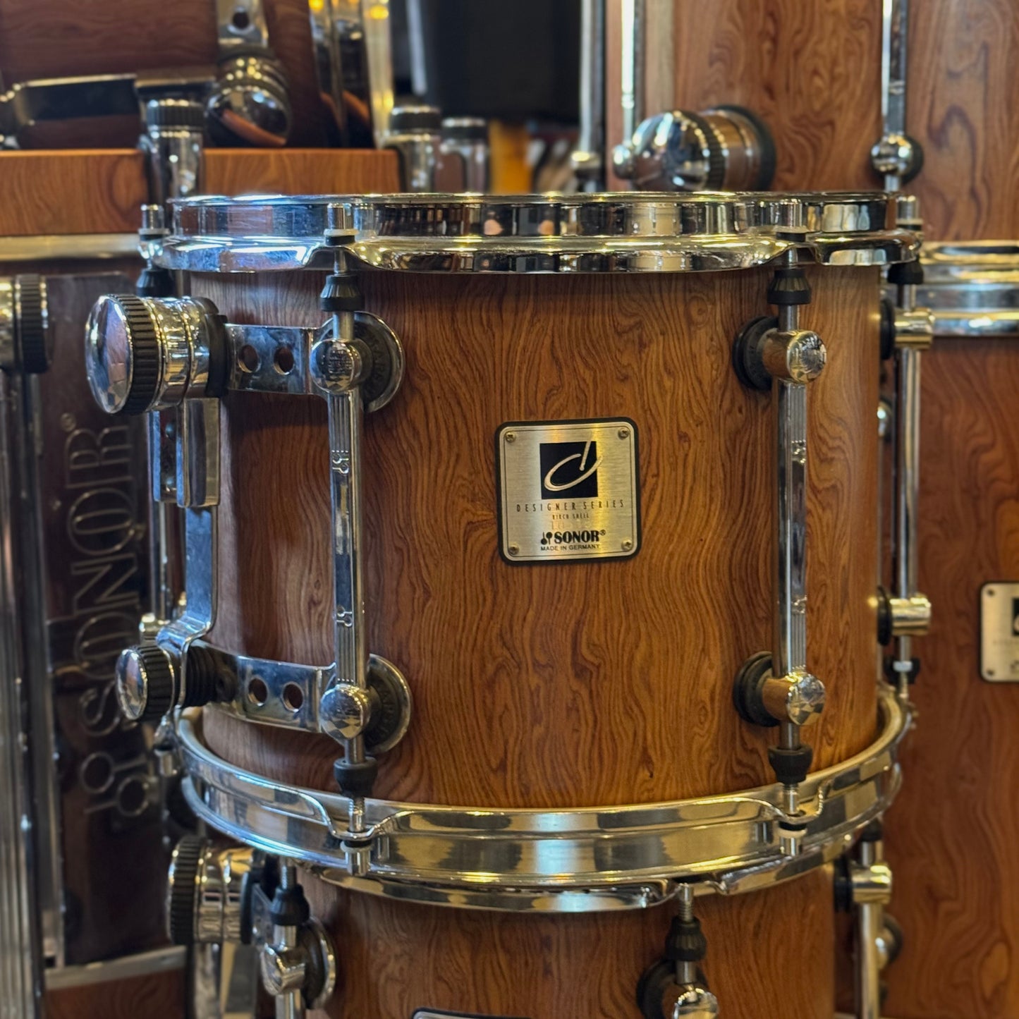USED 1990's Sonor Designer Series Birch Drum Set in African Bubinga Veneer - 16x22, 8x10, 9x12, 10x13, 16x16, 16x18