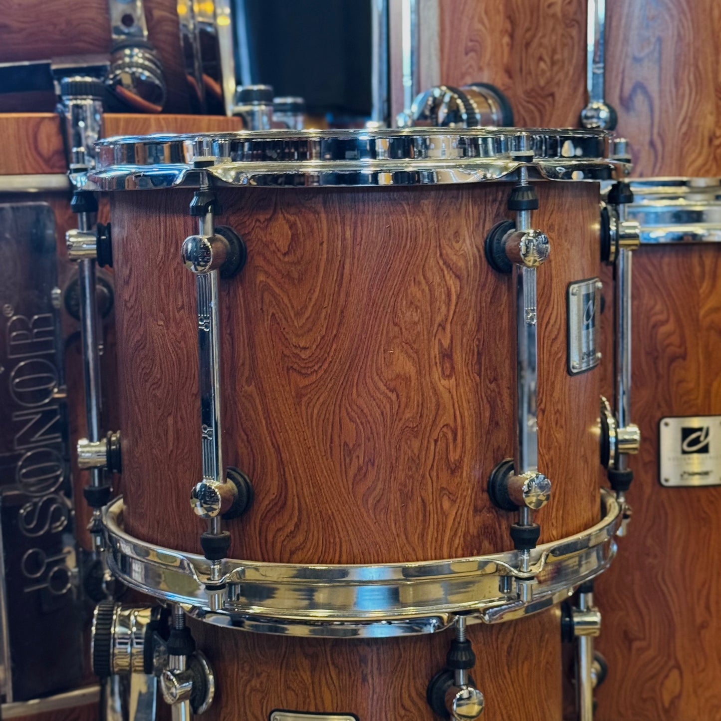 USED 1990's Sonor Designer Series Birch Drum Set in African Bubinga Veneer - 16x22, 8x10, 9x12, 10x13, 16x16, 16x18