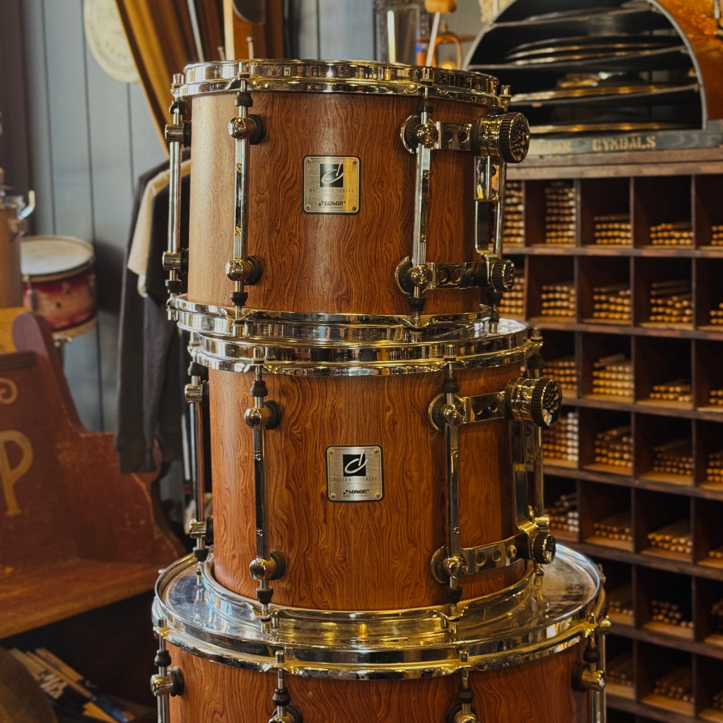 USED 1990's Sonor Designer Series Birch Drum Set in African Bubinga Veneer - 16x22, 8x10, 9x12, 10x13, 16x16, 16x18