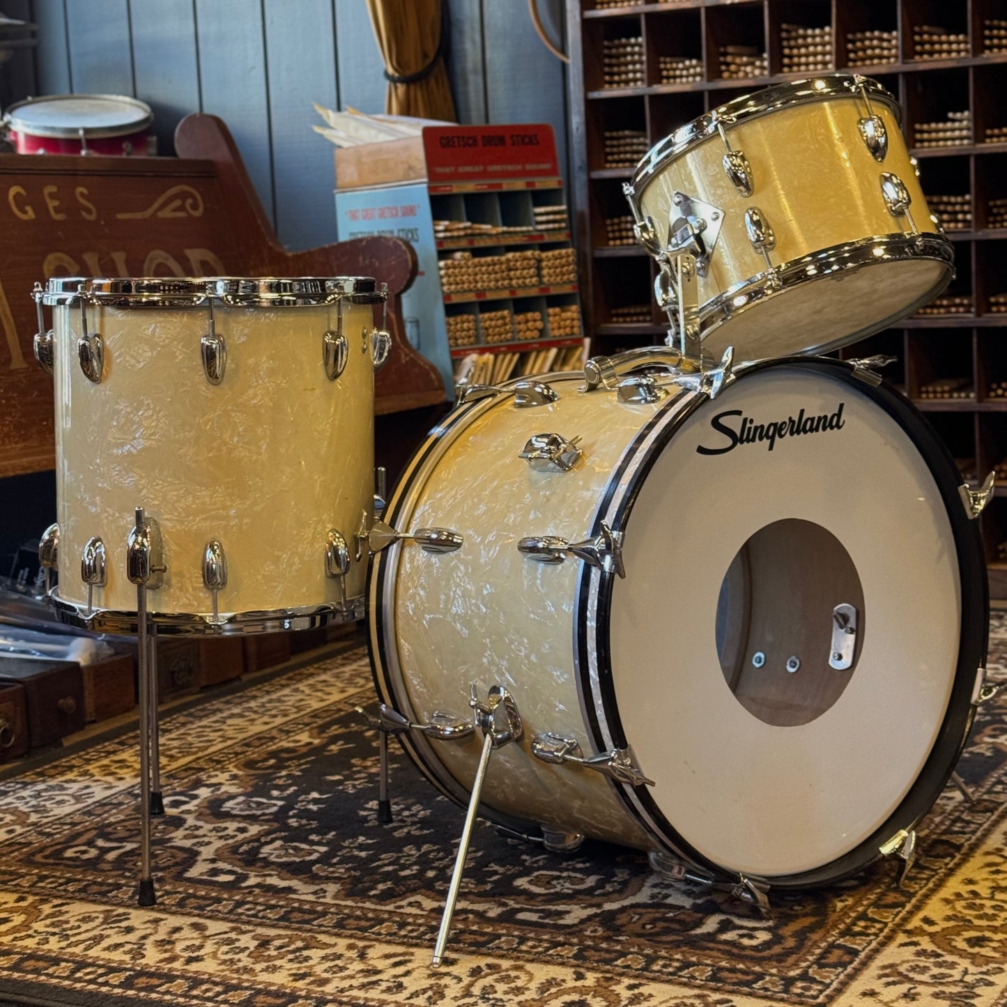 VINTAGE 1960's Slingerland Modern Jazz Outfit in White Marine Pearl - 14x20, 8x12, 14x14