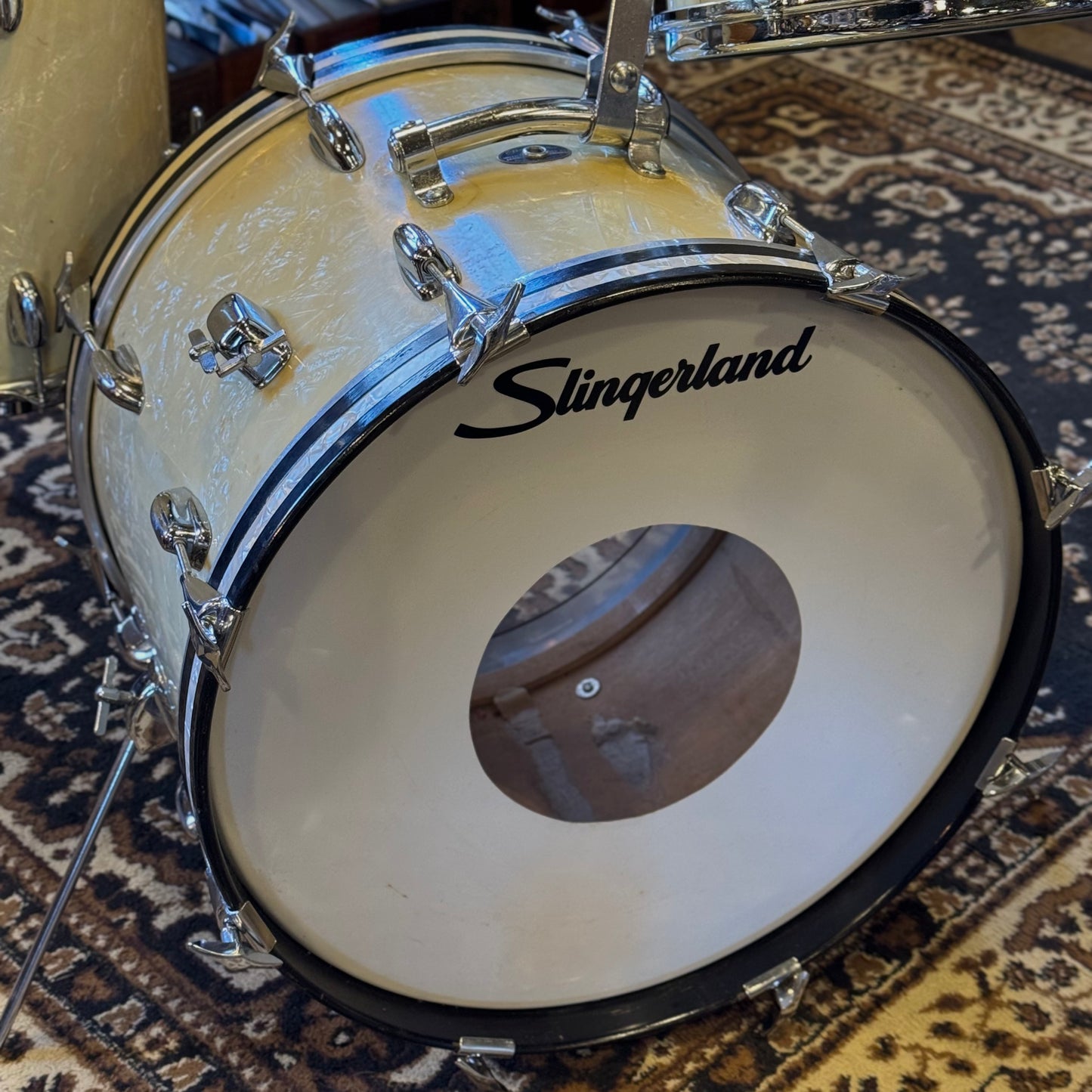 VINTAGE 1960's Slingerland Modern Jazz Outfit in White Marine Pearl - 14x20, 8x12, 14x14