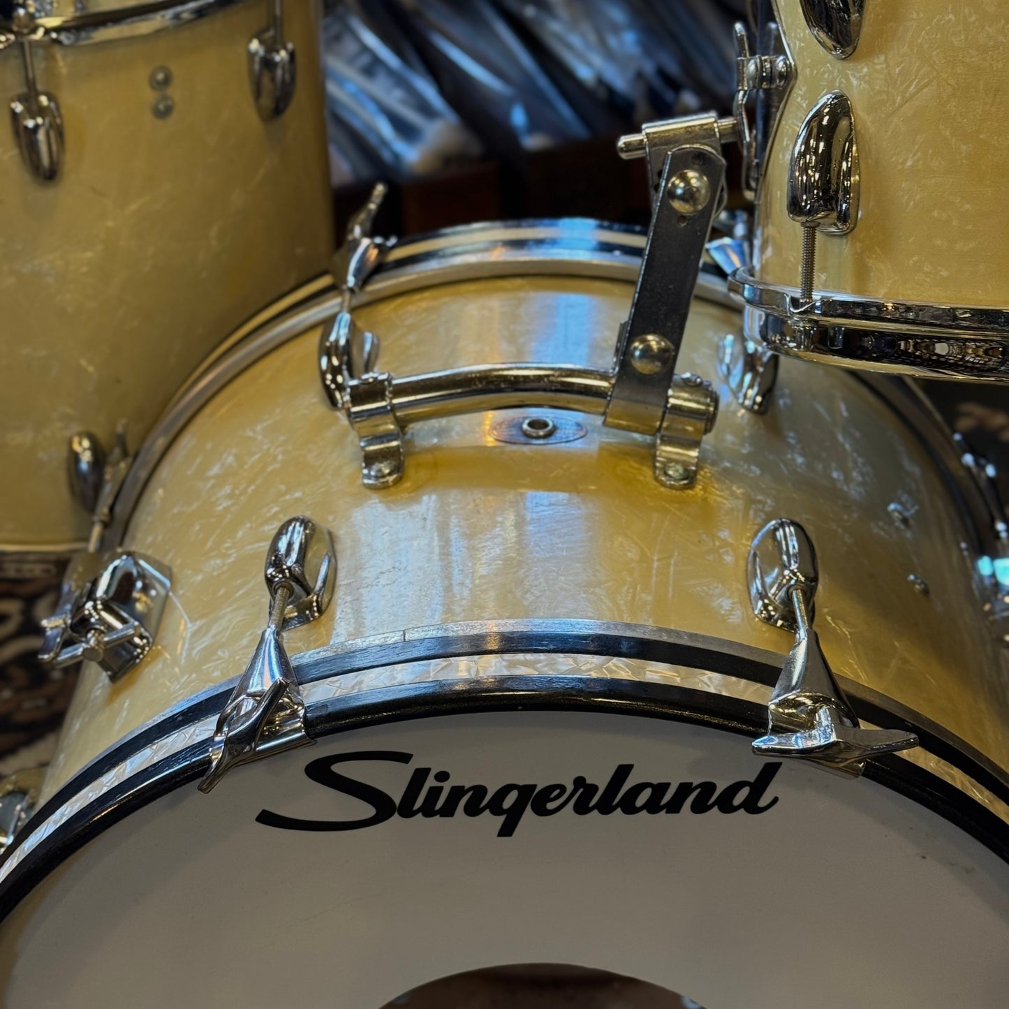 VINTAGE 1960's Slingerland Modern Jazz Outfit in White Marine Pearl - 14x20, 8x12, 14x14