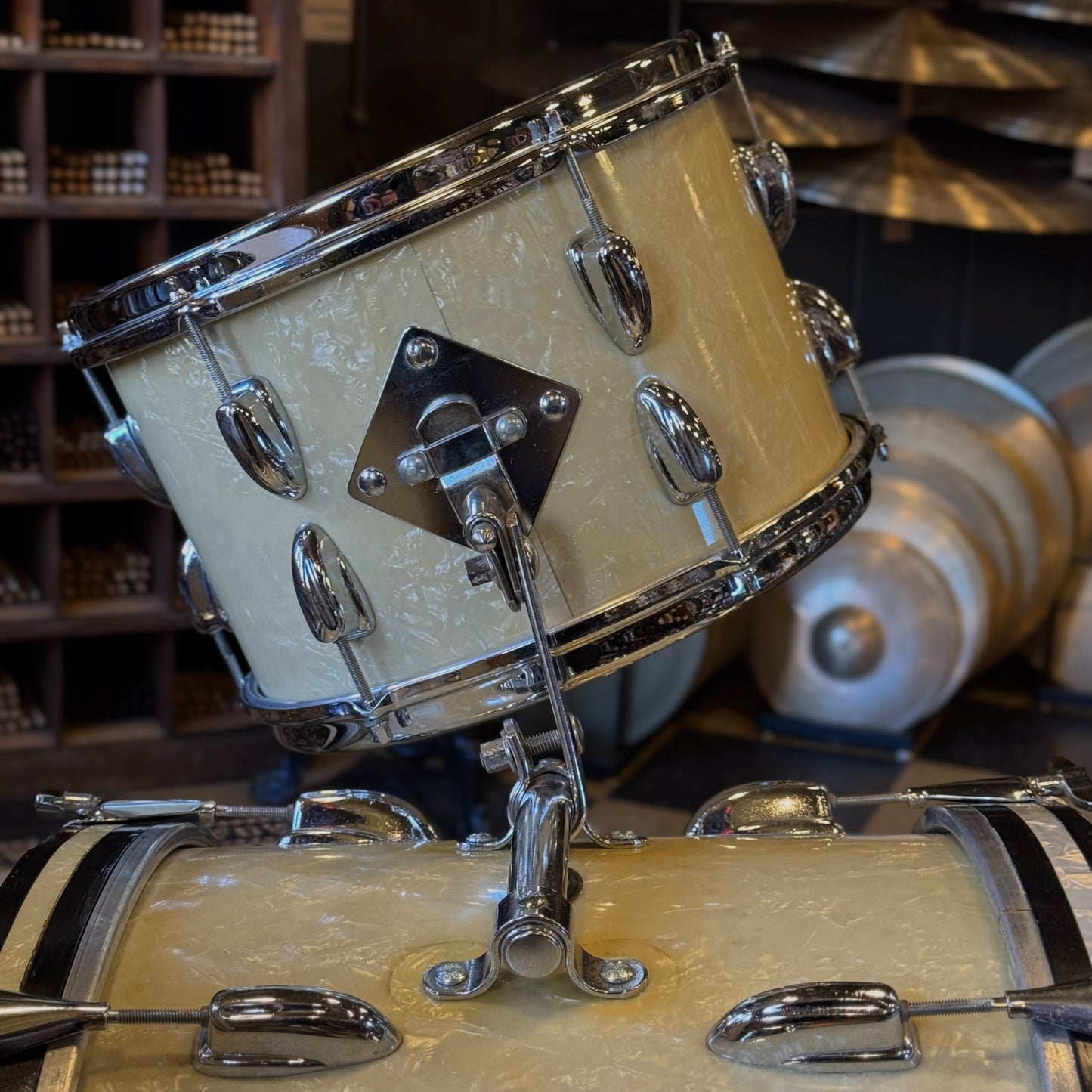 VINTAGE 1960's Slingerland Modern Jazz Outfit in White Marine Pearl - 14x20, 8x12, 14x14