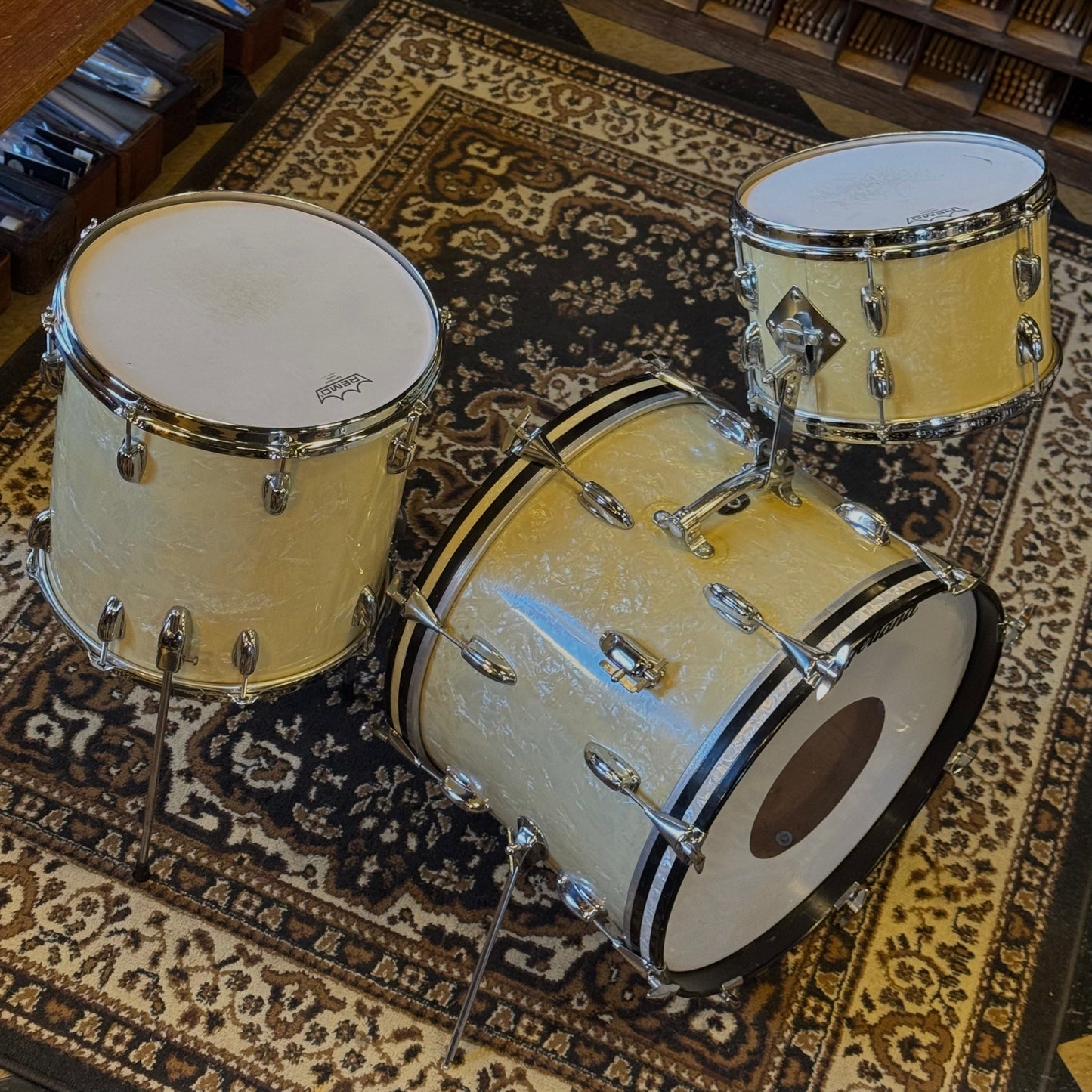VINTAGE 1960's Slingerland Modern Jazz Outfit in White Marine Pearl - 14x20, 8x12, 14x14