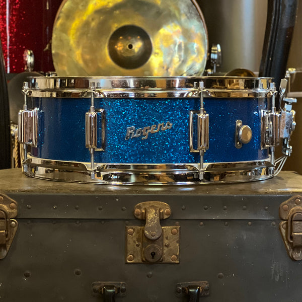 VINTAGE 1960's Rogers 5x14 Powertone Snare Drum in Blue Sparkle