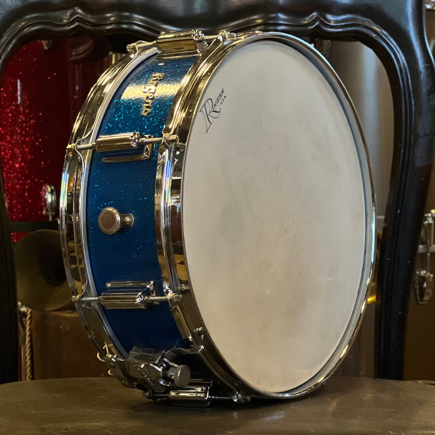 VINTAGE 1960's Rogers 5x14 Powertone Snare Drum in Blue Sparkle