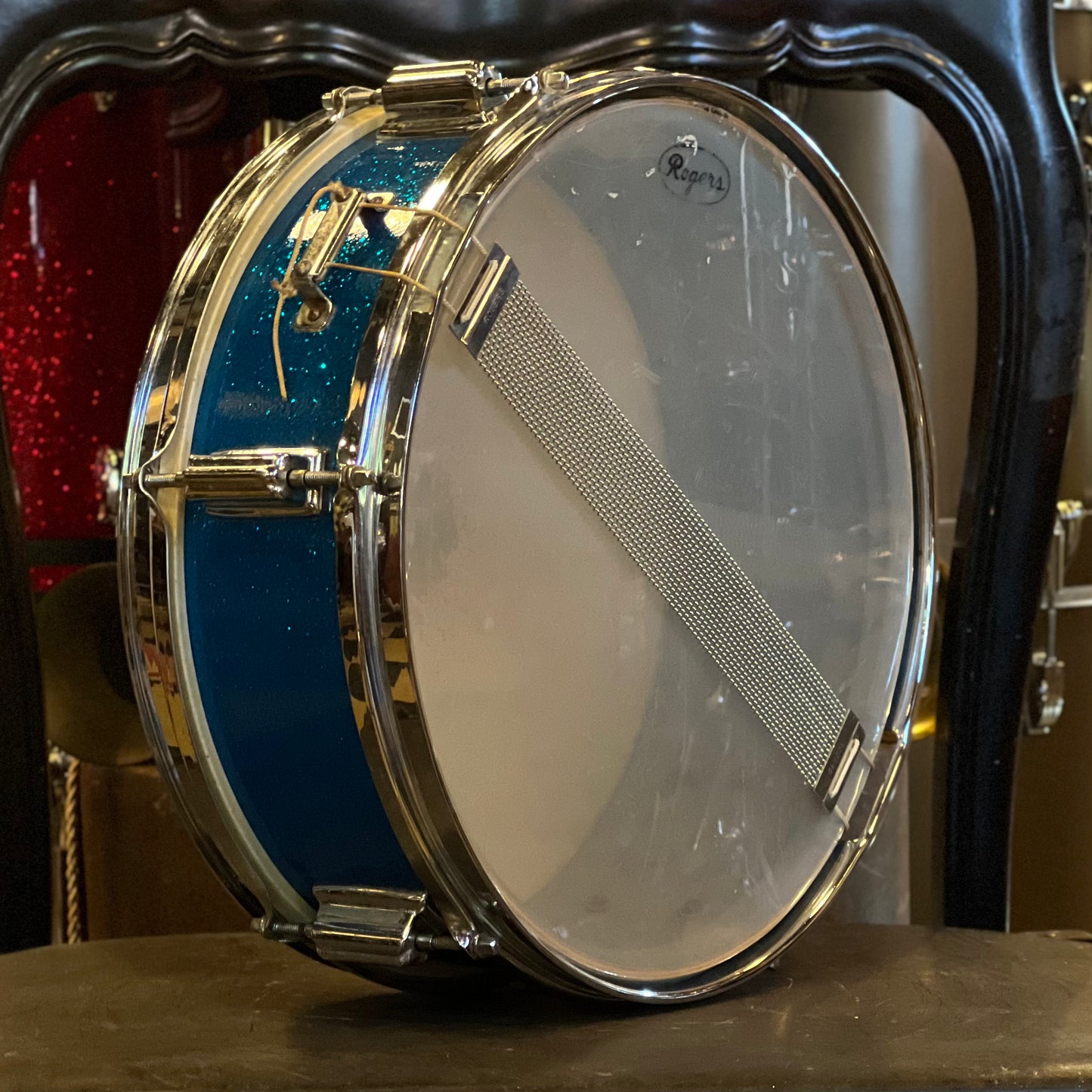 VINTAGE 1960's Rogers 5x14 Cleveland Era Luxor Snare Drum in Blue Sparkle