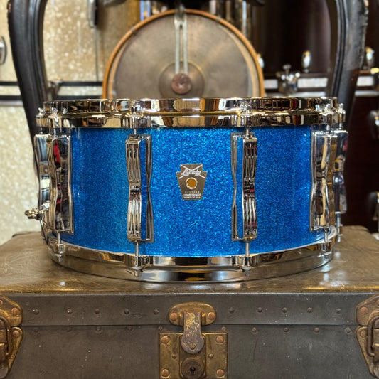 USED 90's Ludwig 6.5x14 Monroe Era Classic Maple Snare Drum in Blue Sparkle