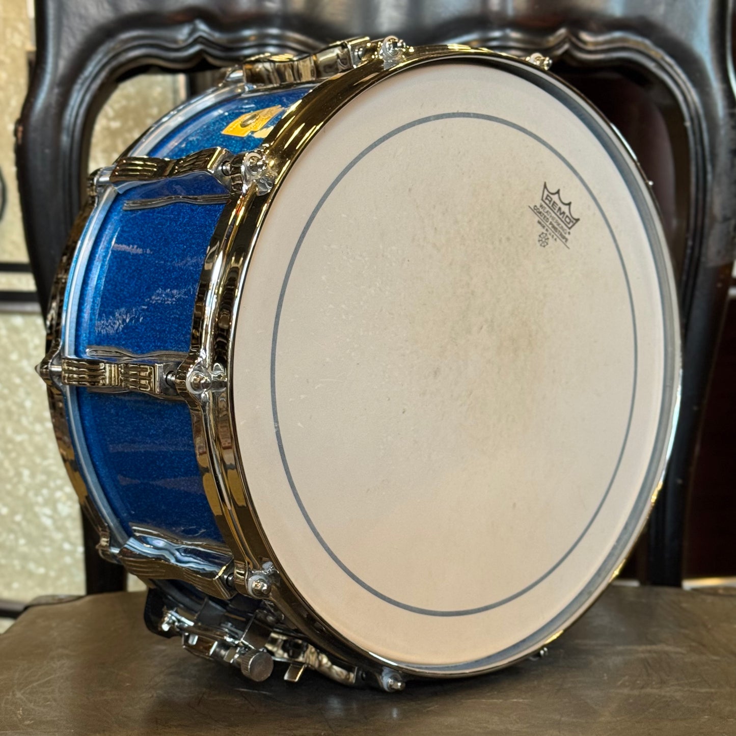 USED 90's Ludwig 6.5x14 Monroe Era Classic Maple Snare Drum in Blue Sparkle