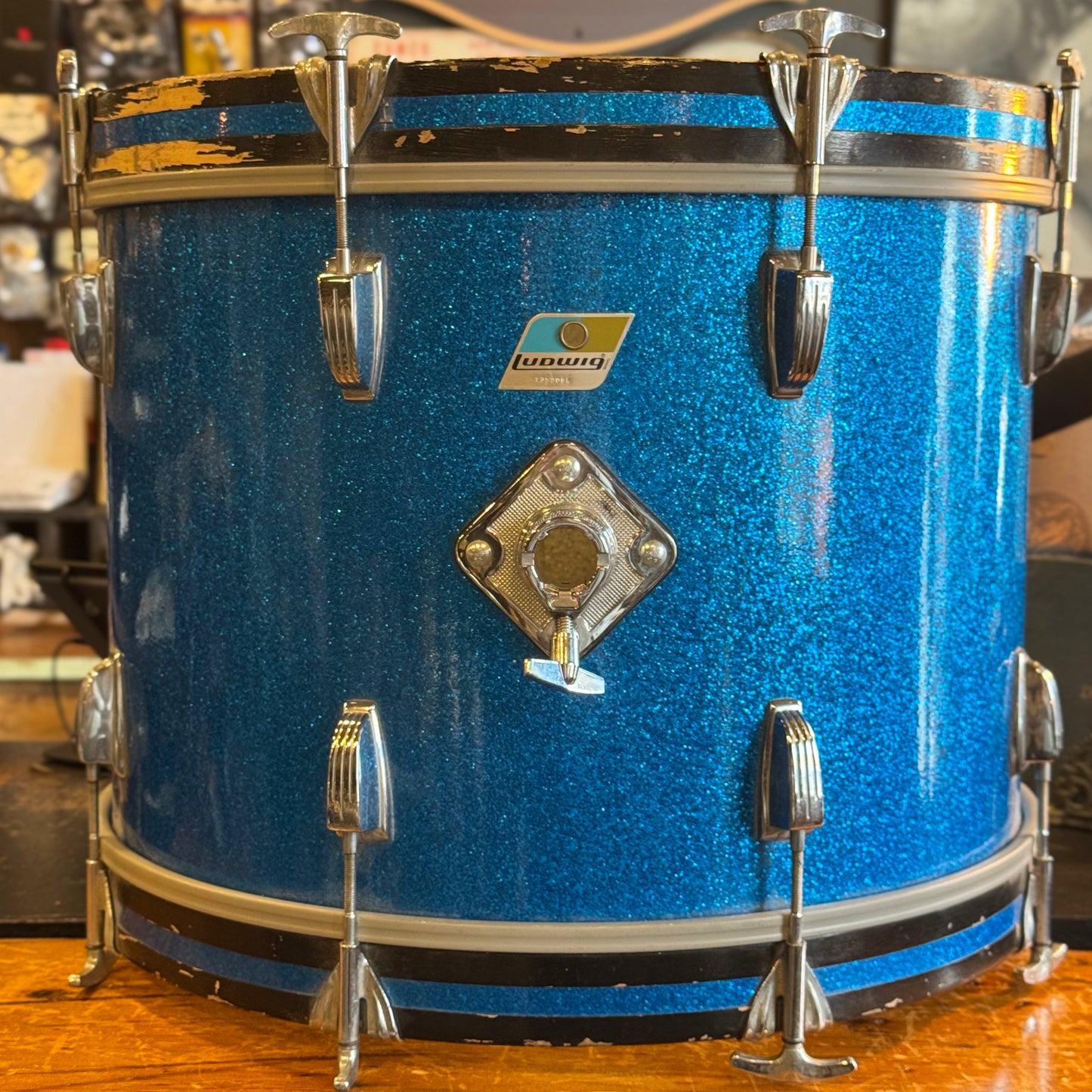 VINTAGE 1970's Ludwig 14x20" Blue & Olive Badge Bass Drum in Blue Sparkle