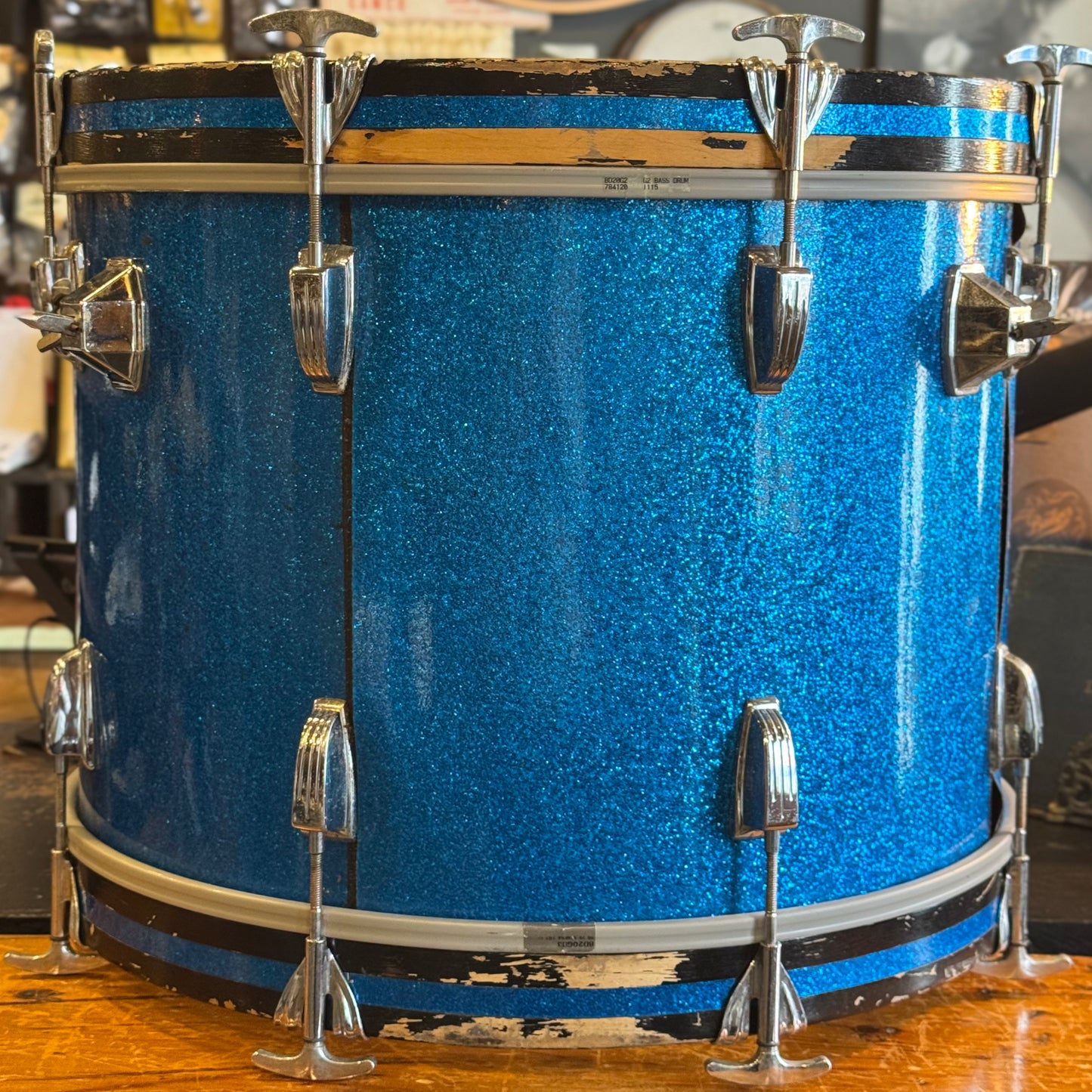 VINTAGE 1970's Ludwig 14x20" Blue & Olive Badge Bass Drum in Blue Sparkle