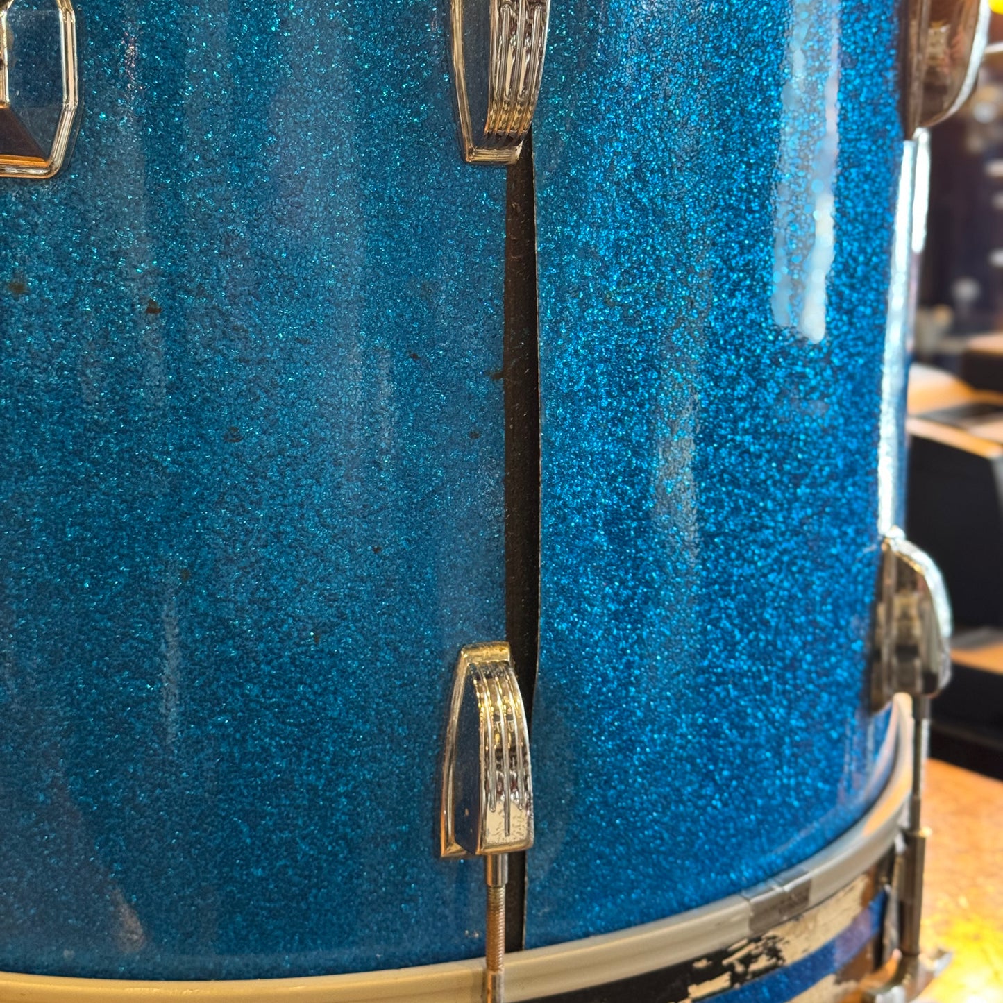 VINTAGE 1970's Ludwig 14x20" Blue & Olive Badge Bass Drum in Blue Sparkle