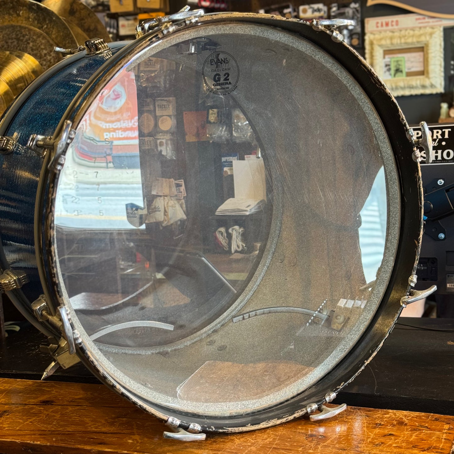 VINTAGE 1970's Ludwig 14x20" Blue & Olive Badge Bass Drum in Blue Sparkle