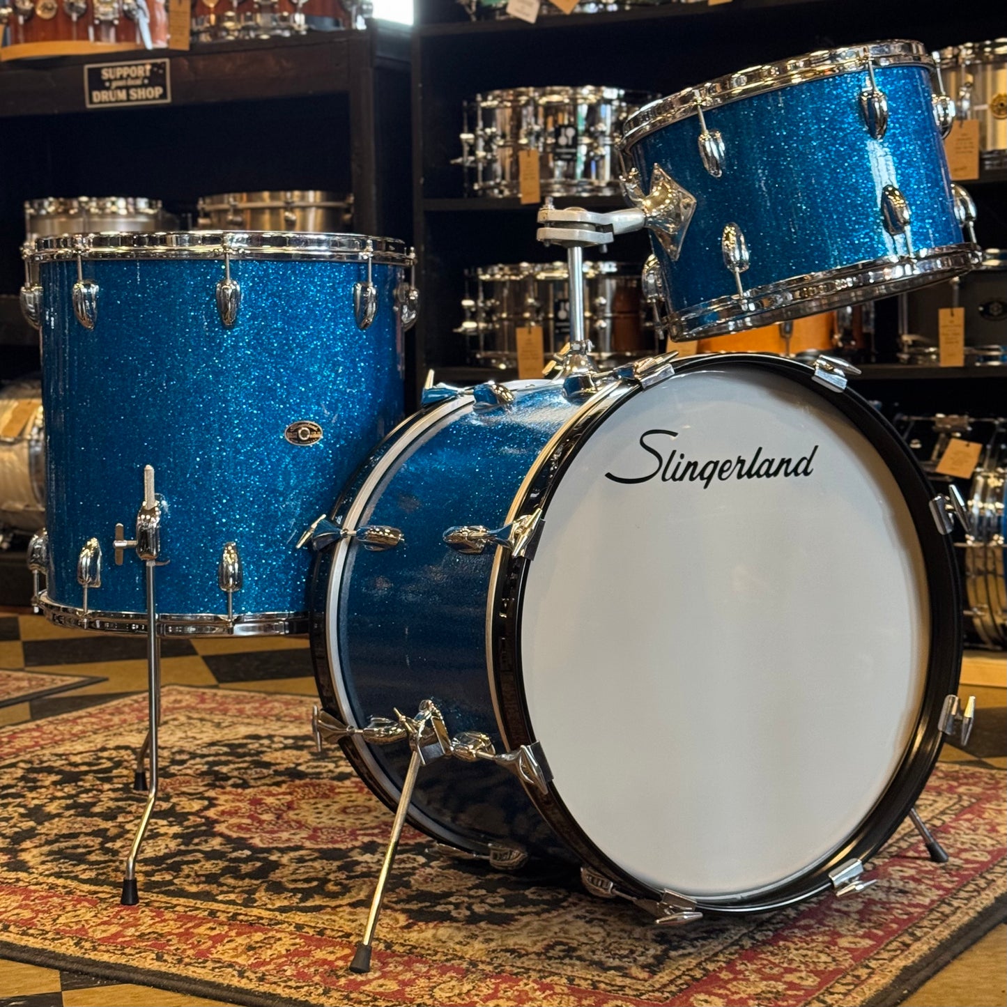 VINTAGE 1960's Slingerland Drum Set in Blue Sparkle -14x20, 9x13, 16x16