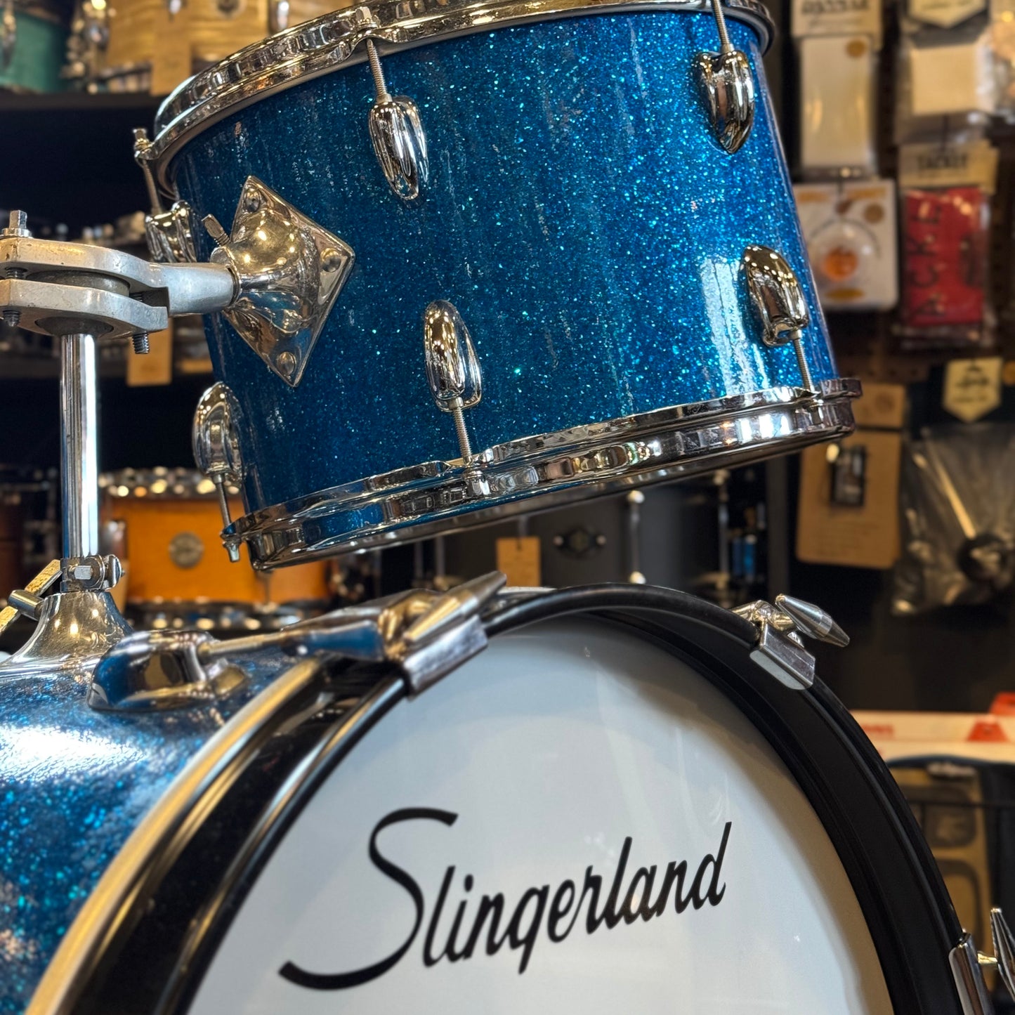 VINTAGE 1960's Slingerland Drum Set in Blue Sparkle -14x20, 9x13, 16x16