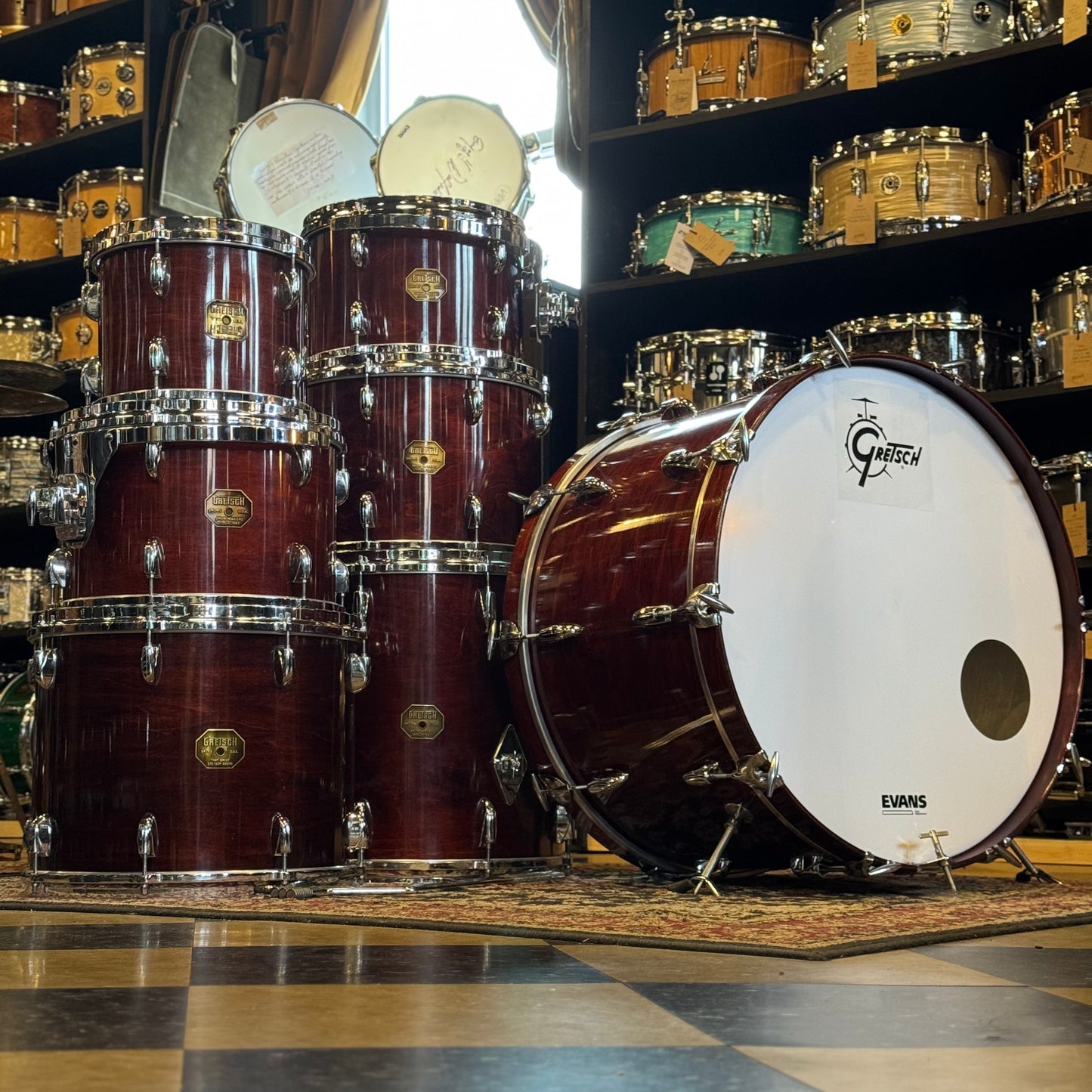 VINTAGE 1977-1981 Gretsch Stop Sign Badge Drum set in Gloss Walnut Lacquer (Virgin Shells) - 14x24, 8x10, 8x12, 9x13, 10x14, 12x15, 16x16