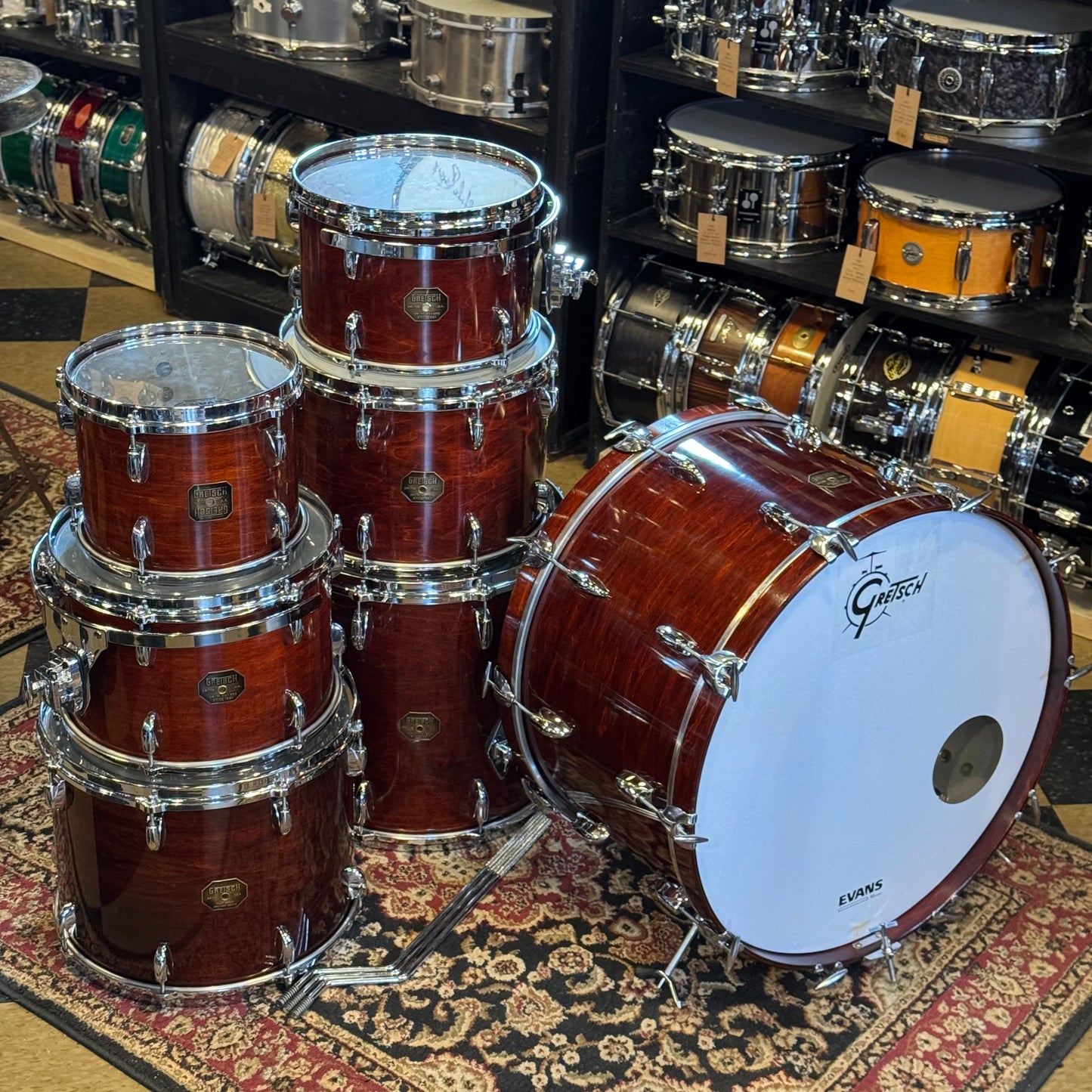 VINTAGE 1977-1981 Gretsch Stop Sign Badge Drum set in Gloss Walnut Lacquer (Virgin Shells) - 14x24, 8x10, 8x12, 9x13, 10x14, 12x15, 16x16