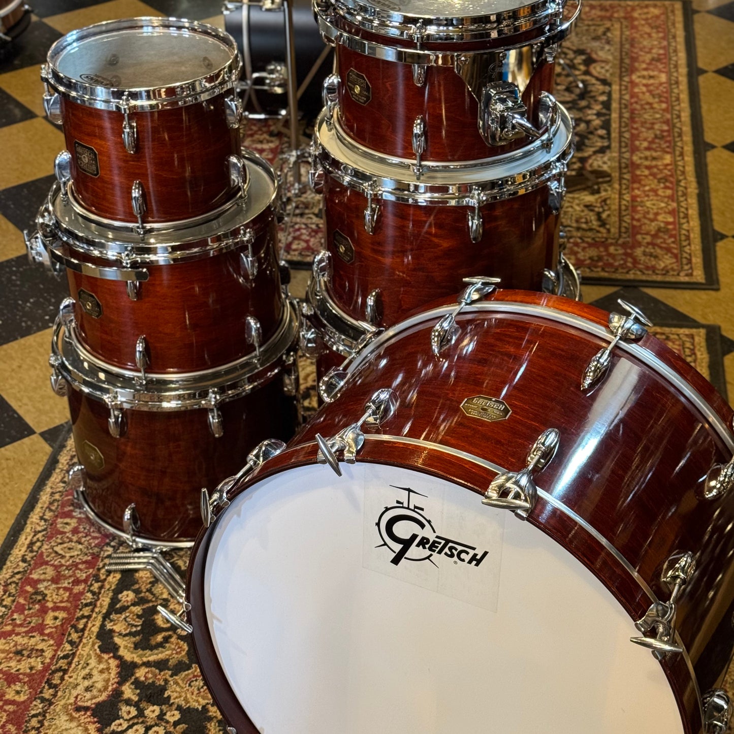 VINTAGE 1977-1981 Gretsch Stop Sign Badge Drum set in Gloss Walnut Lacquer (Virgin Shells) - 14x24, 8x10, 8x12, 9x13, 10x14, 12x15, 16x16