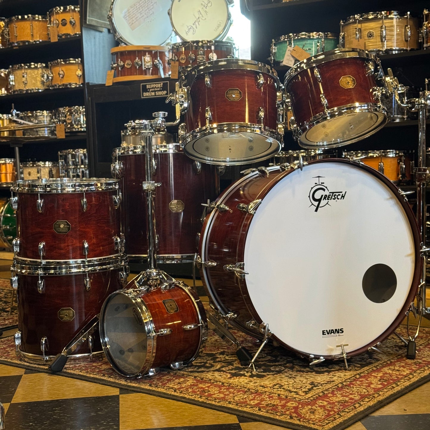 VINTAGE 1977-1981 Gretsch Stop Sign Badge Drum set in Gloss Walnut Lacquer (Virgin Shells) - 14x24, 8x10, 8x12, 9x13, 10x14, 12x15, 16x16