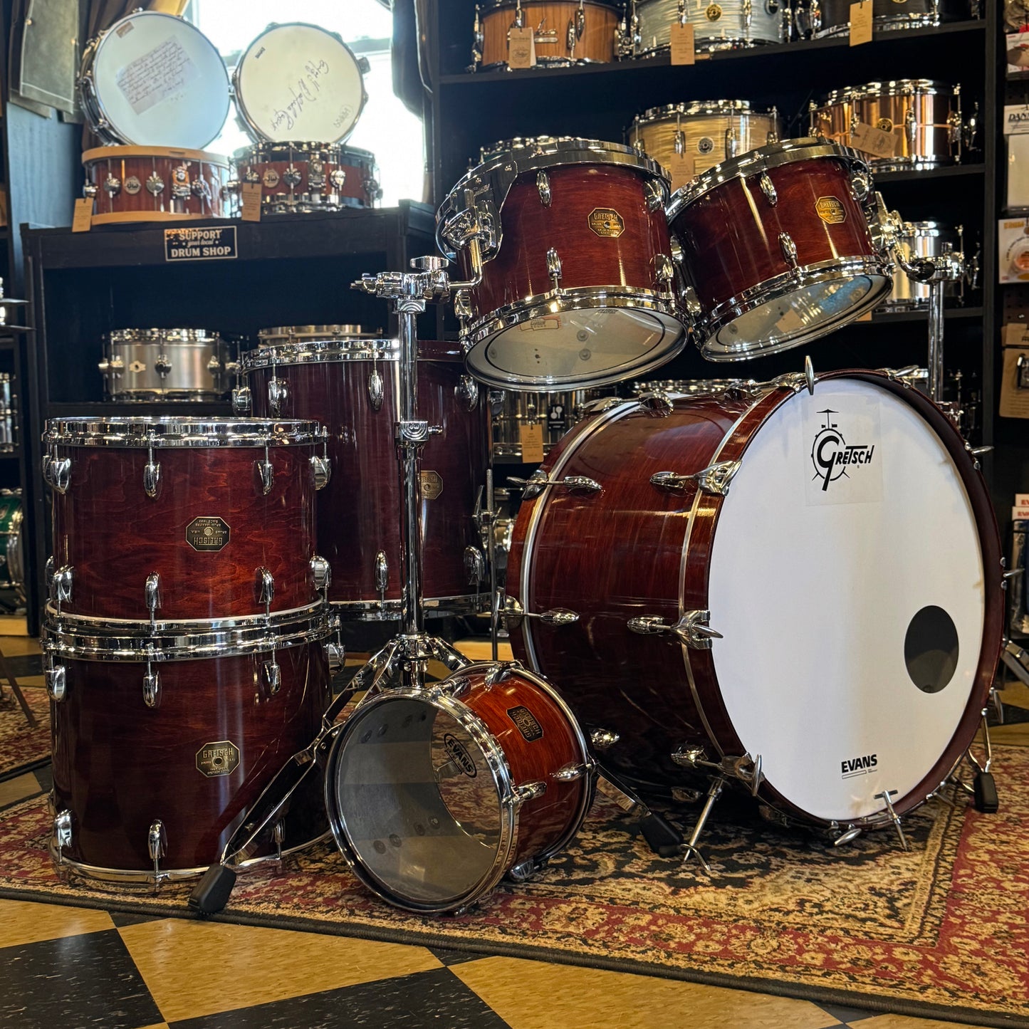 VINTAGE 1977-1981 Gretsch Stop Sign Badge Drum set in Gloss Walnut Lacquer (Virgin Shells) - 14x24, 8x10, 8x12, 9x13, 10x14, 12x15, 16x16