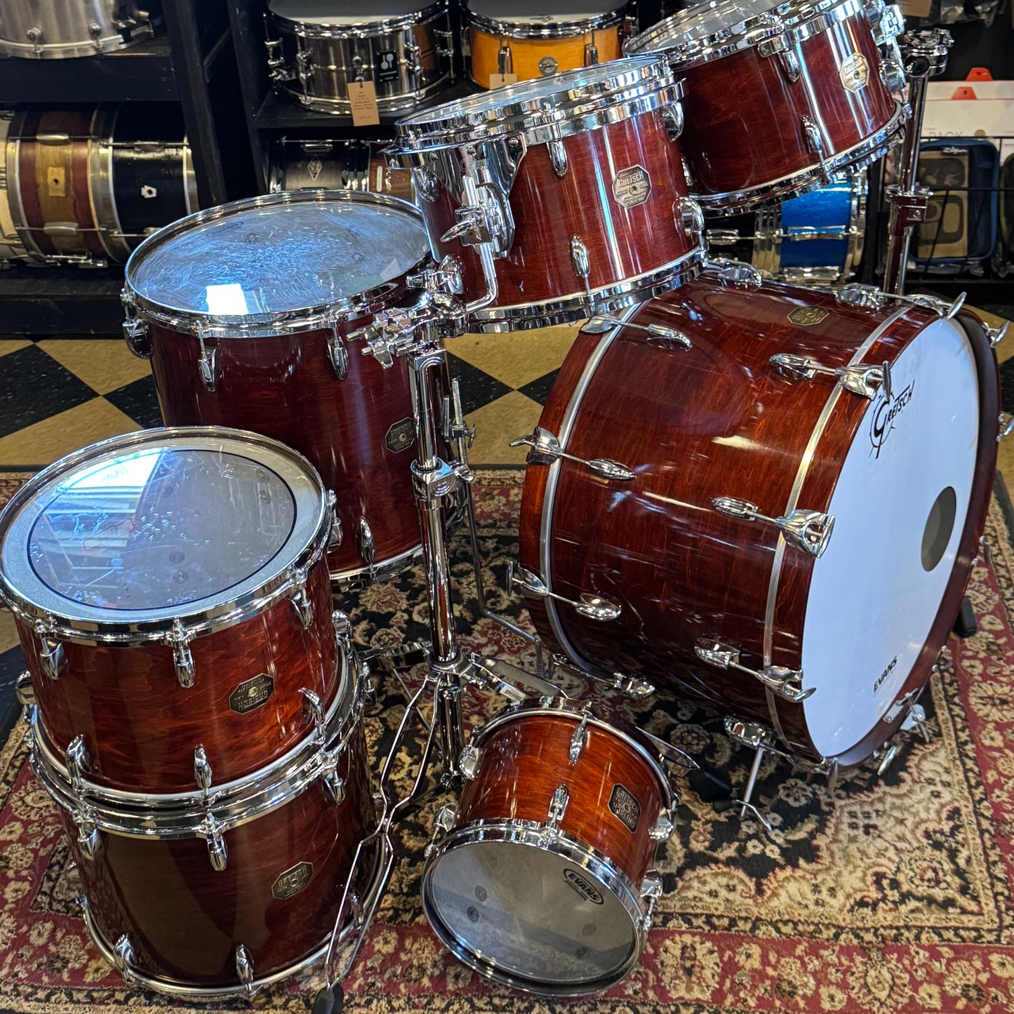 VINTAGE 1977-1981 Gretsch Stop Sign Badge Drum set in Gloss Walnut Lacquer (Virgin Shells) - 14x24, 8x10, 8x12, 9x13, 10x14, 12x15, 16x16